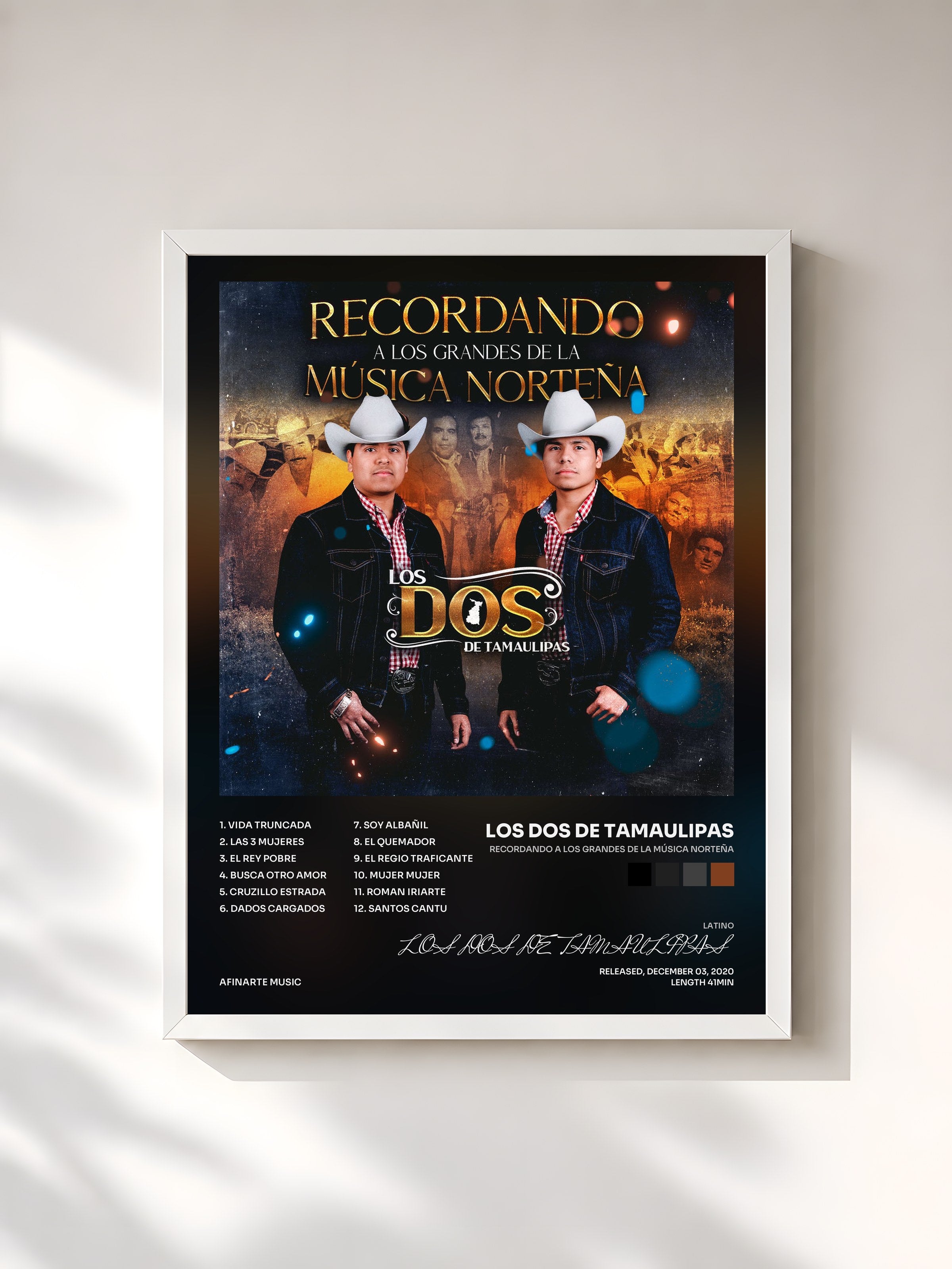 #blanc Tableau de l'album Recordando a los Grandes de la Música Norteña de LOS DOS DE TAMAULIPAS, cadre blanc, imprimé et encadré en France