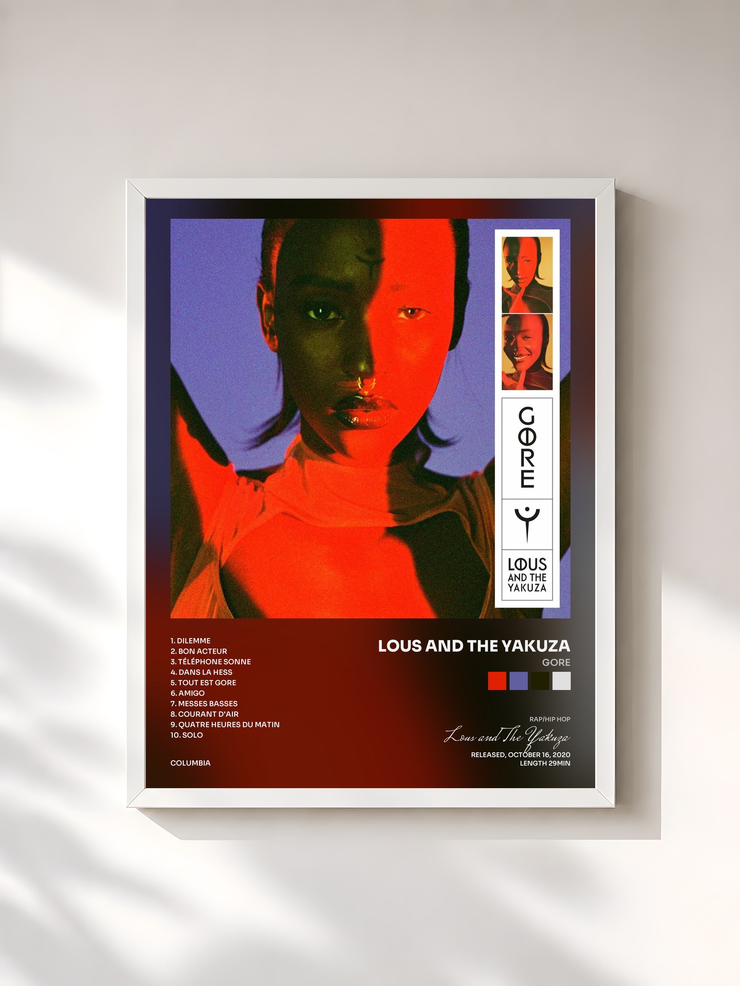#blanc Tableau de l'album Gore de Lous and The Yakuza, cadre blanc, imprimé et encadré en France