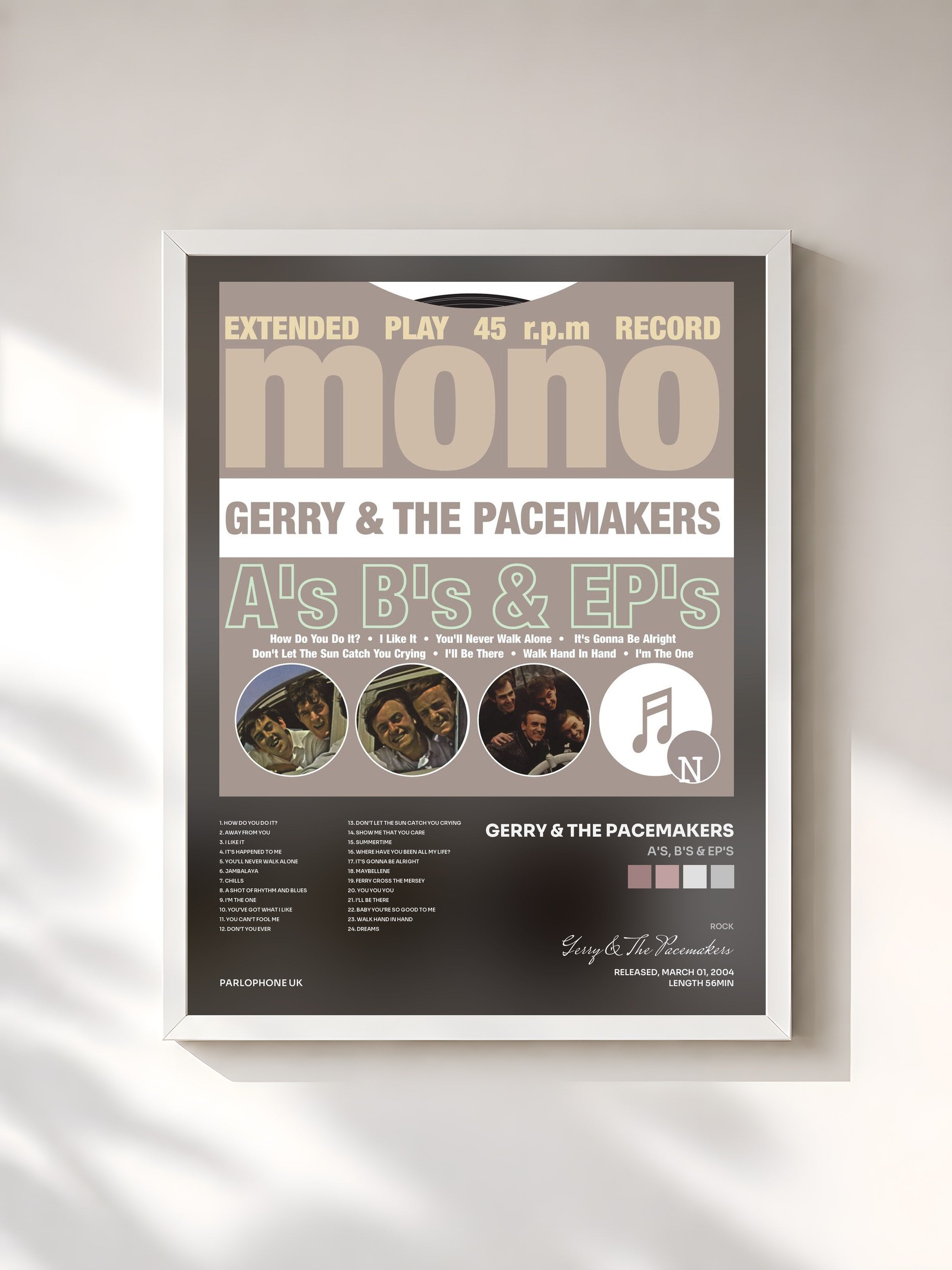 #blanc Tableau de l'album A's, B's & EP's de Gerry & The Pacemakers, cadre blanc, imprimé et encadré en France