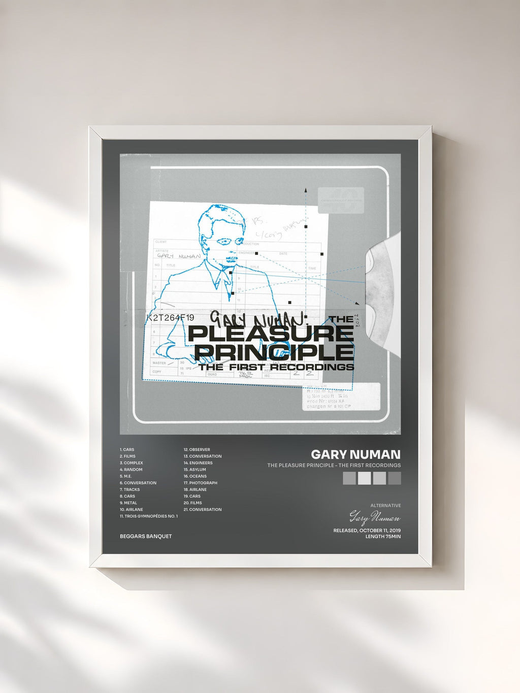 #blanc Tableau de l'album The Pleasure Principle - The First Recordings de Gary Numan, cadre blanc, imprimé et encadré en France