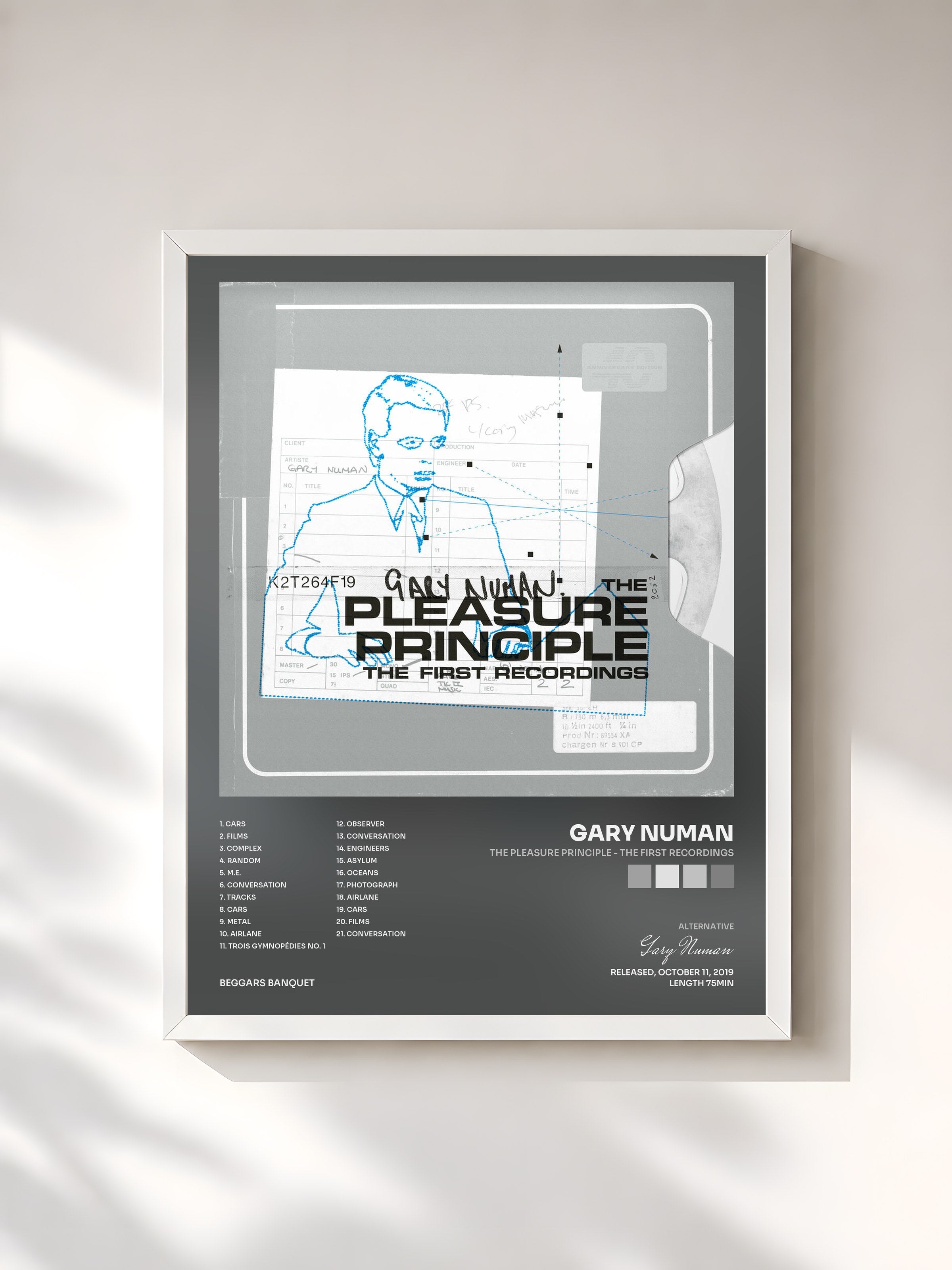 #blanc Tableau de l'album The Pleasure Principle - The First Recordings de Gary Numan, cadre blanc, imprimé et encadré en France