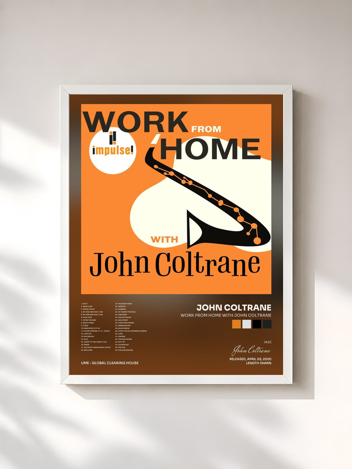#blanc Tableau de l'album Work From Home with John Coltrane de John Coltrane, cadre blanc, imprimé et encadré en France