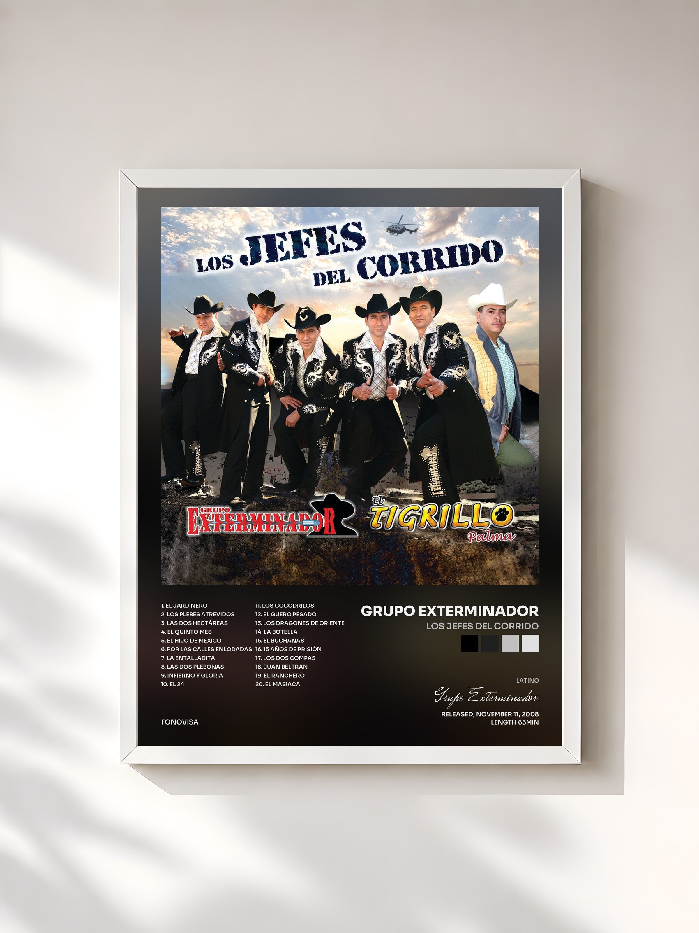 #blanc Tableau de l'album Los Jefes Del Corrido de Grupo Exterminador, cadre blanc, imprimé et encadré en France