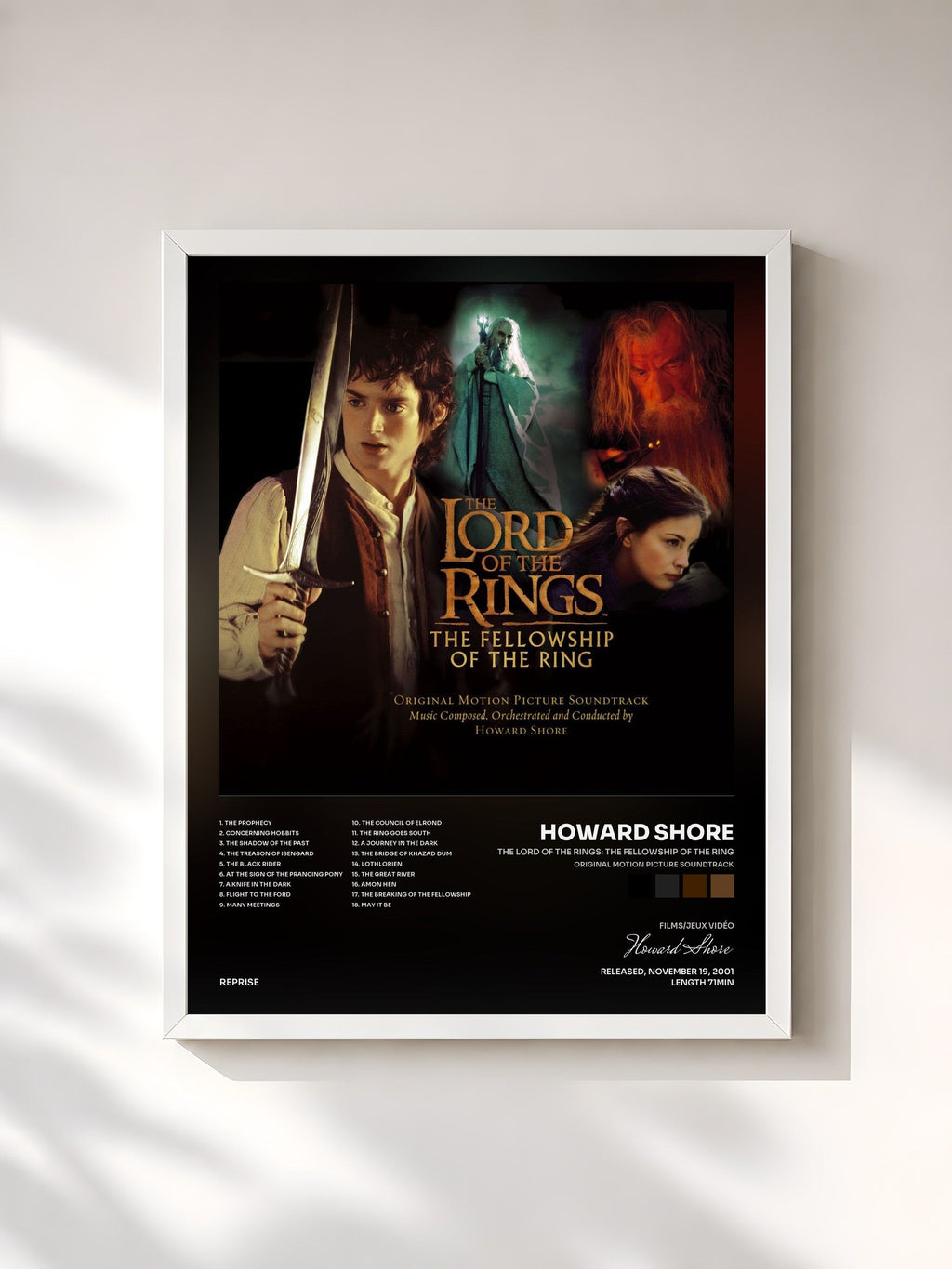 #blanc Tableau de l'album The Lord of the Rings: The Fellowship of the Ring (Original Motion Picture Soundtrack) de Howard Shore, cadre blanc, imprimé et encadré en France