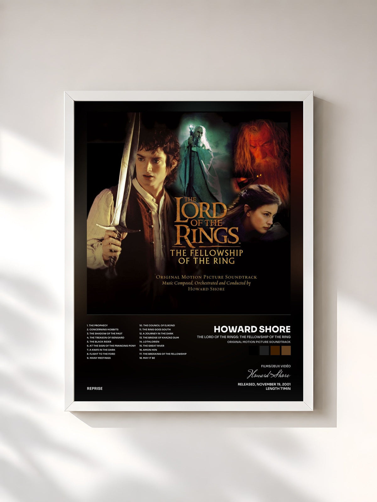 #blanc Tableau de l'album The Lord of the Rings: The Fellowship of the Ring (Original Motion Picture Soundtrack) de Howard Shore, cadre blanc, imprimé et encadré en France