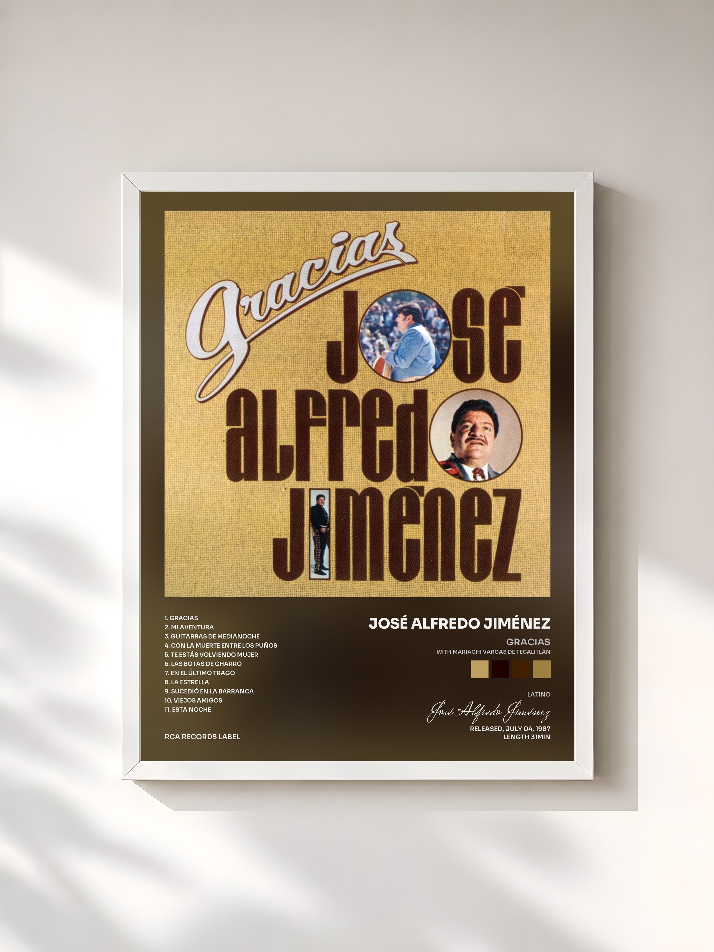 #blanc Tableau de l'album Gracias (with Mariachi Vargas de Tecalitlán) de José Alfredo Jiménez, cadre blanc, imprimé et encadré en France