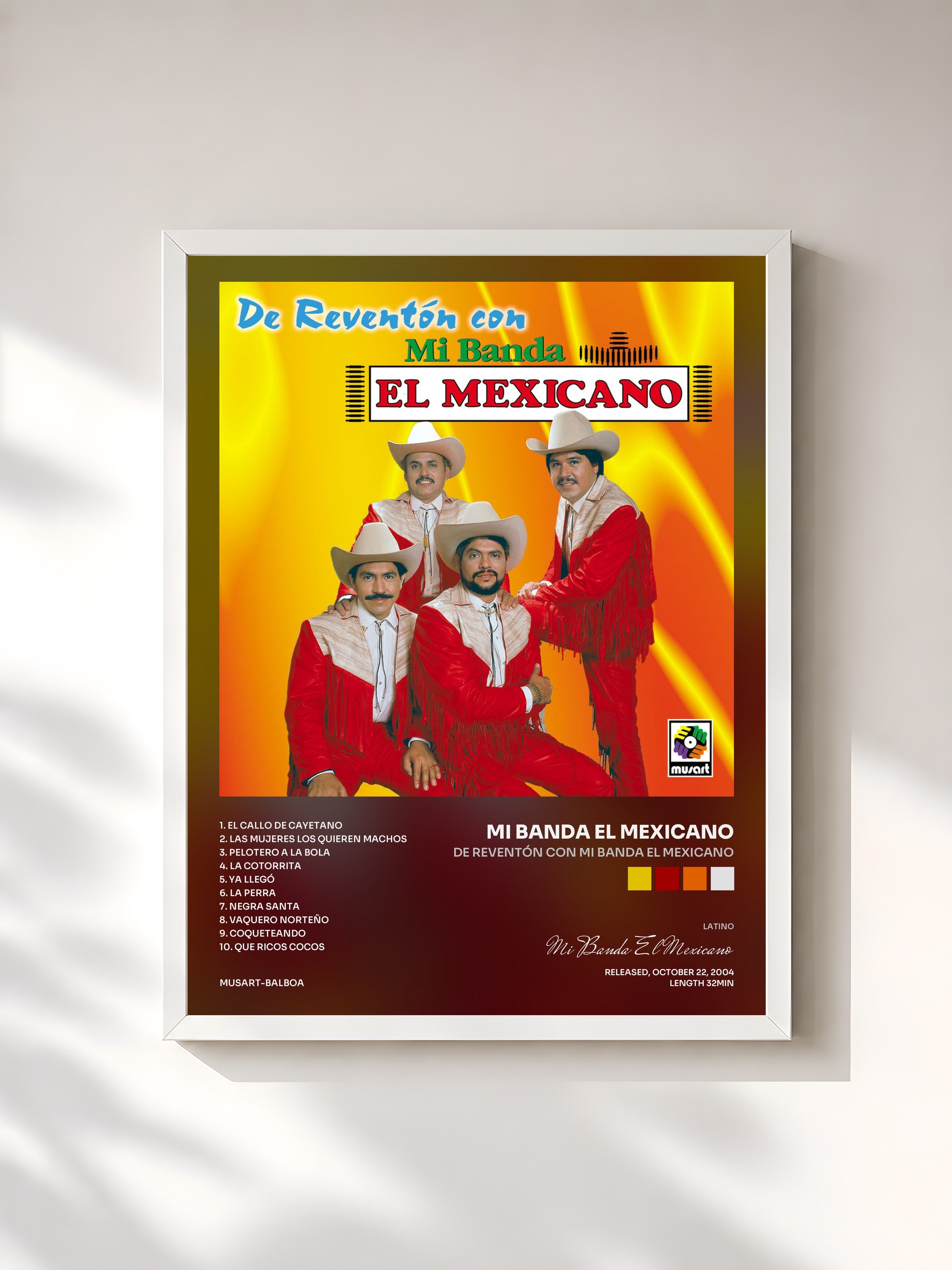 #blanc Tableau de l'album De Reventón Con Mi Banda El Mexicano de Mi Banda El Mexicano, cadre blanc, imprimé et encadré en France