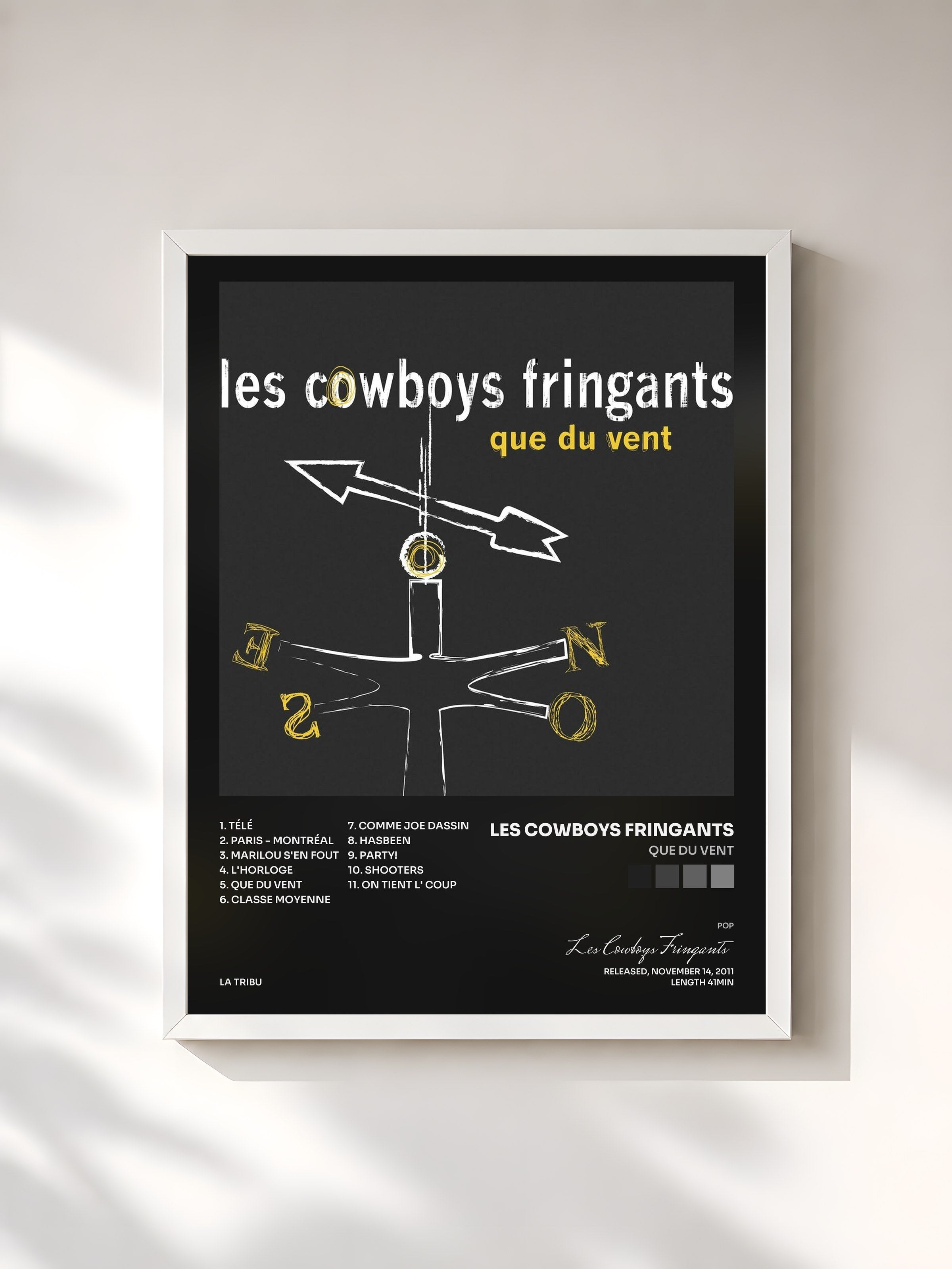 #blanc Tableau de l'album Que du vent de Les Cowboys Fringants, cadre blanc, imprimé et encadré en France