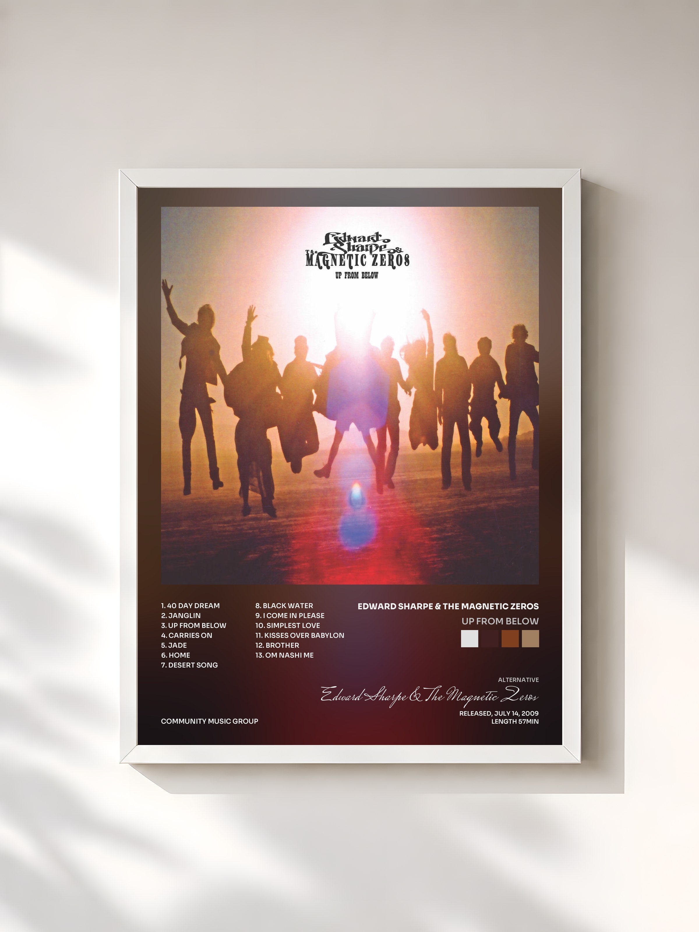 #blanc Tableau de l'album Up from Below de Edward Sharpe & The Magnetic Zeros, cadre blanc, imprimé et encadré en France