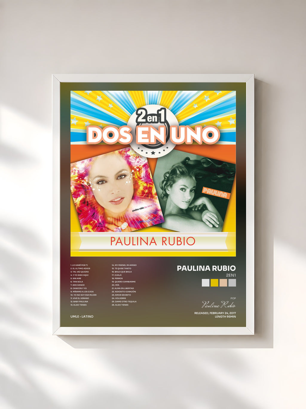 #blanc Tableau de l'album 2En1 de Paulina Rubio, cadre blanc, imprimé et encadré en France