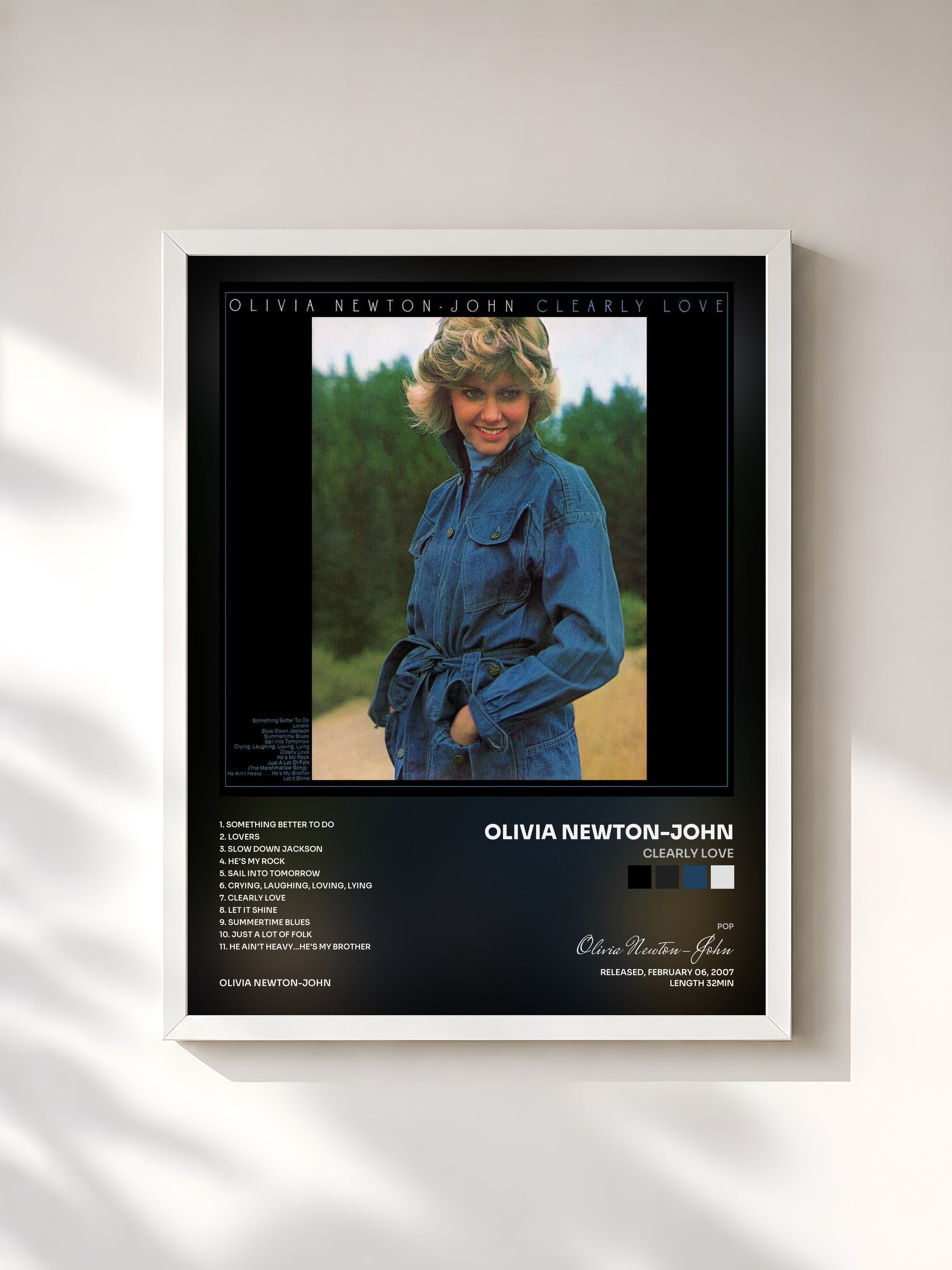 #blanc Tableau de l'album Clearly Love de Olivia Newton-John, cadre blanc, imprimé et encadré en France