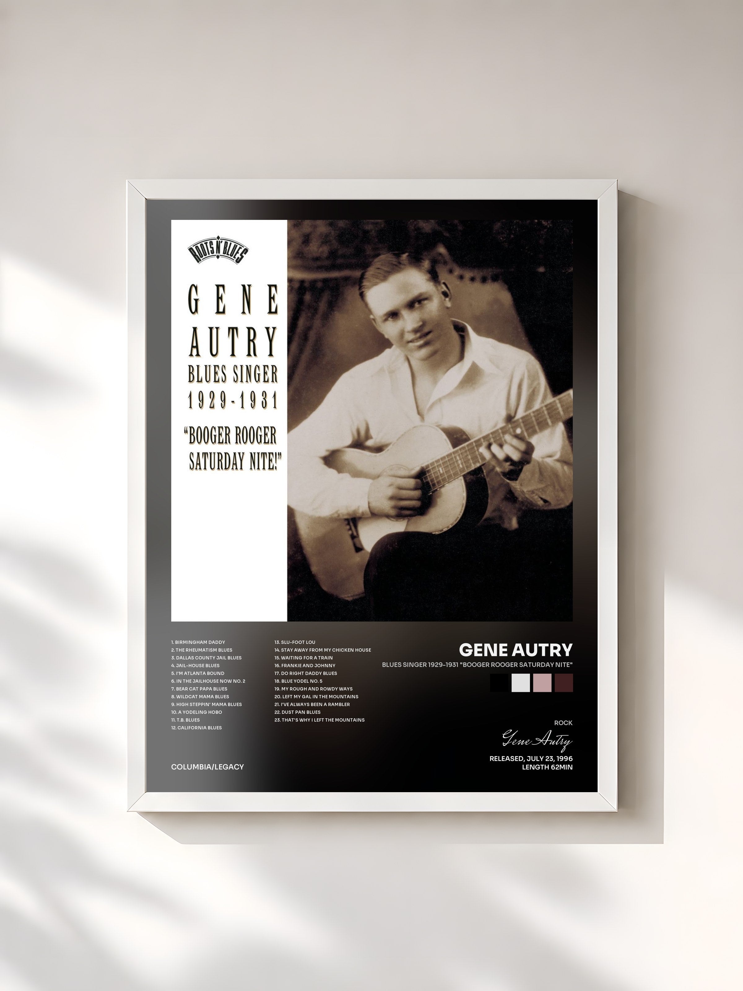 #blanc Tableau de l'album Blues Singer 1929-1931 "Booger Rooger Saturday Nite" de Gene Autry, cadre blanc, imprimé et encadré en France