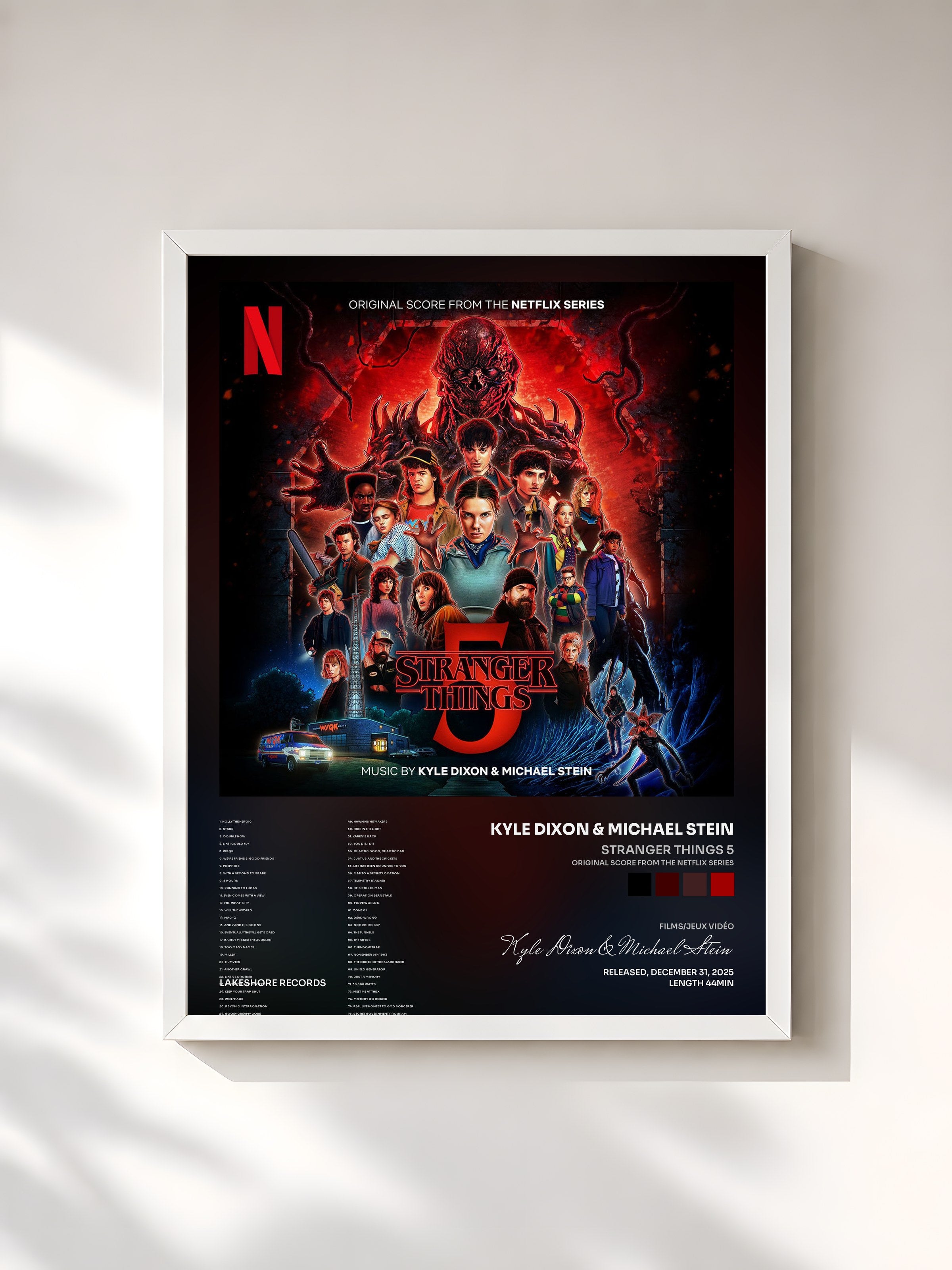 #blanc Tableau de l'album Stranger Things 5 (Original Score From The Netflix Series) de Kyle Dixon & Michael Stein, cadre blanc, imprimé et encadré en France