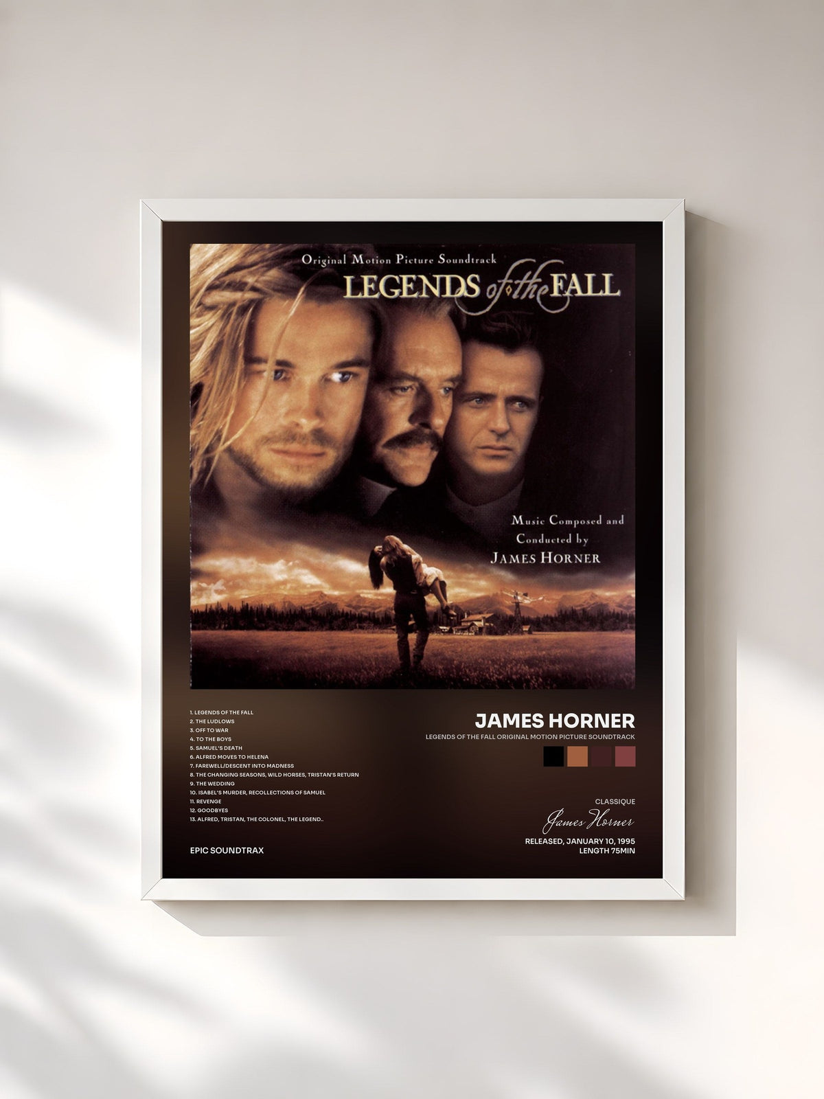 #blanc Tableau de l'album Legends Of The Fall Original Motion Picture Soundtrack de James Horner, cadre blanc, imprimé et encadré en France