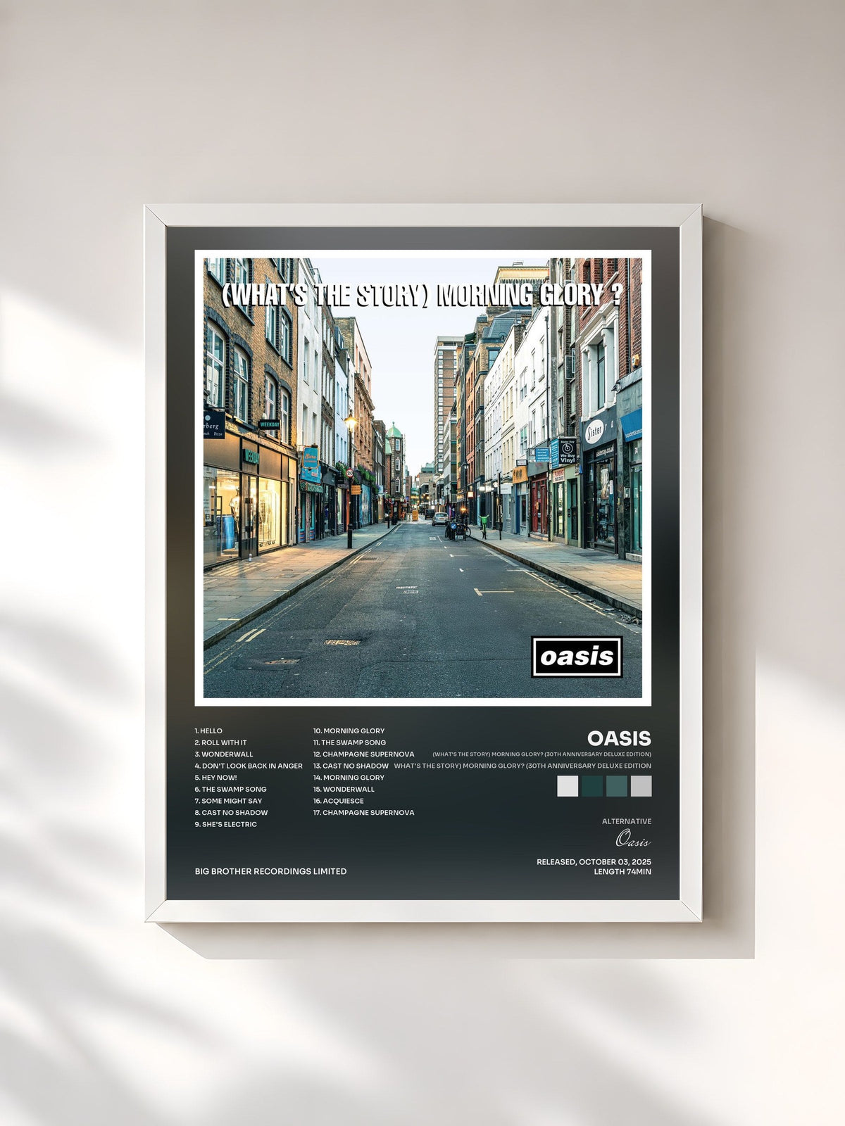 #blanc Tableau de l'album (What's The Story) Morning Glory? (30th Anniversary Deluxe Edition) de Oasis, cadre blanc, imprimé et encadré en France