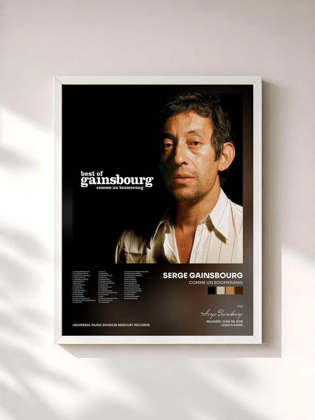 #blanc Tableau de l'album Comme un boomerang de Serge Gainsbourg, cadre blanc, imprimé et encadré en France