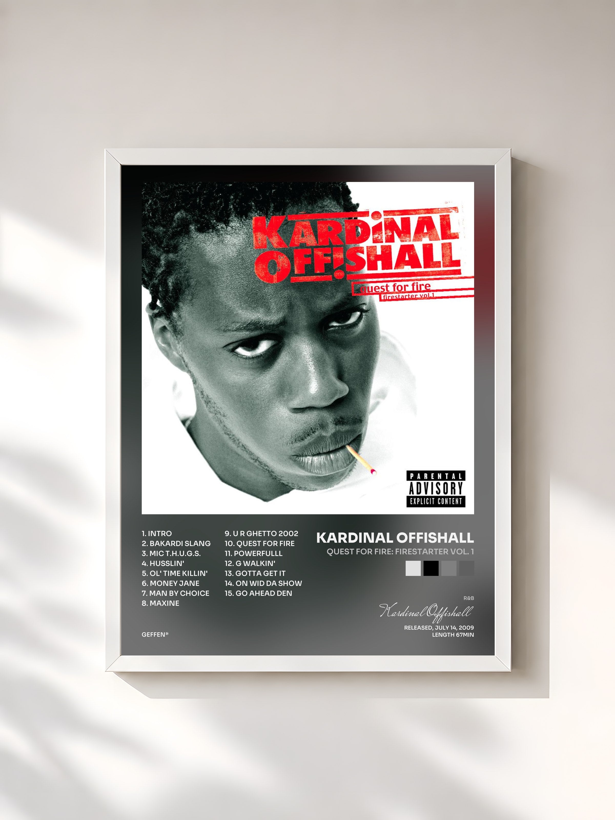 #blanc Tableau de l'album Quest For Fire: Firestarter Vol. 1 de Kardinal Offishall, cadre blanc, imprimé et encadré en France