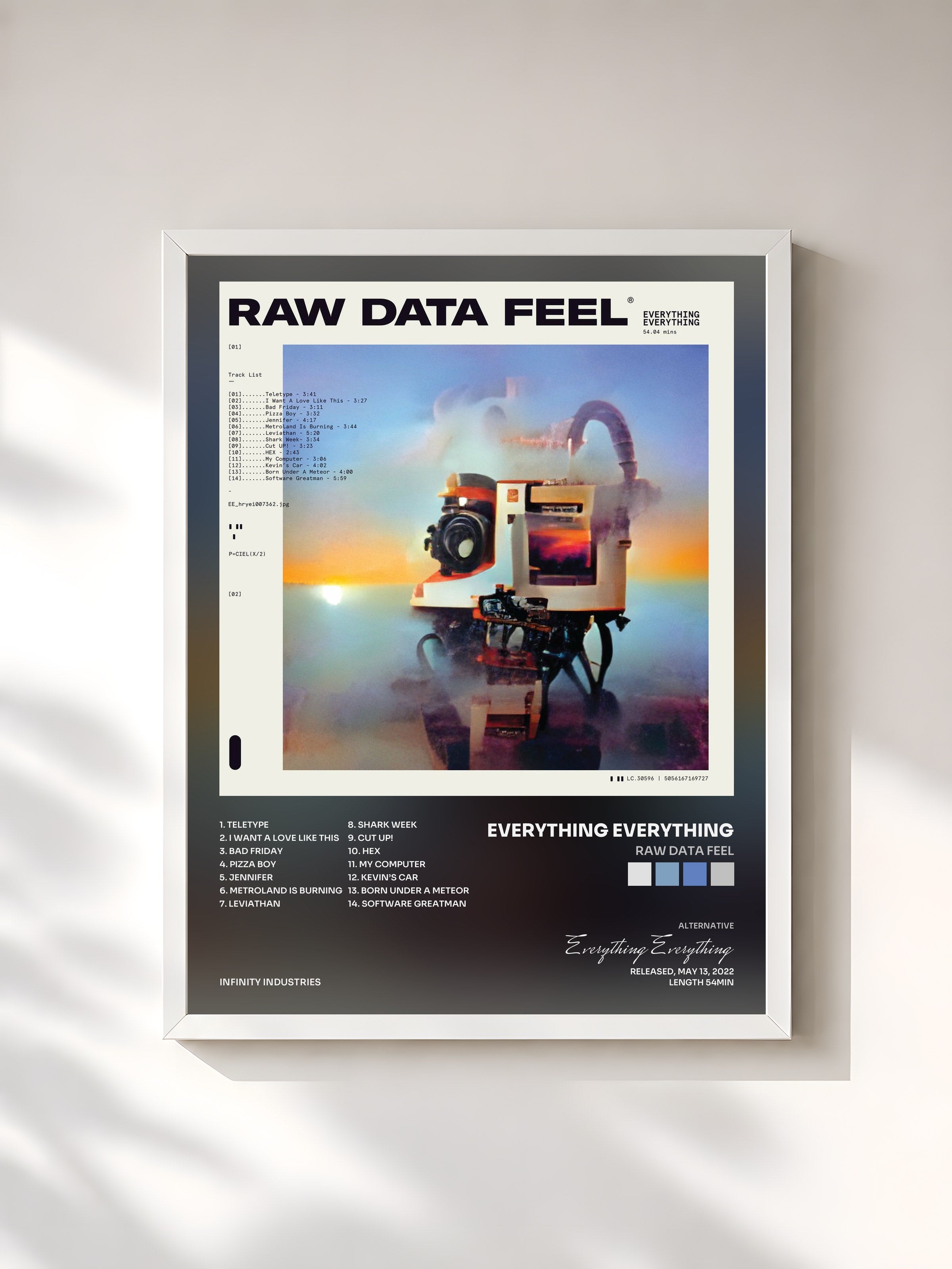 #blanc Tableau de l'album Raw Data Feel de Everything Everything, cadre blanc, imprimé et encadré en France