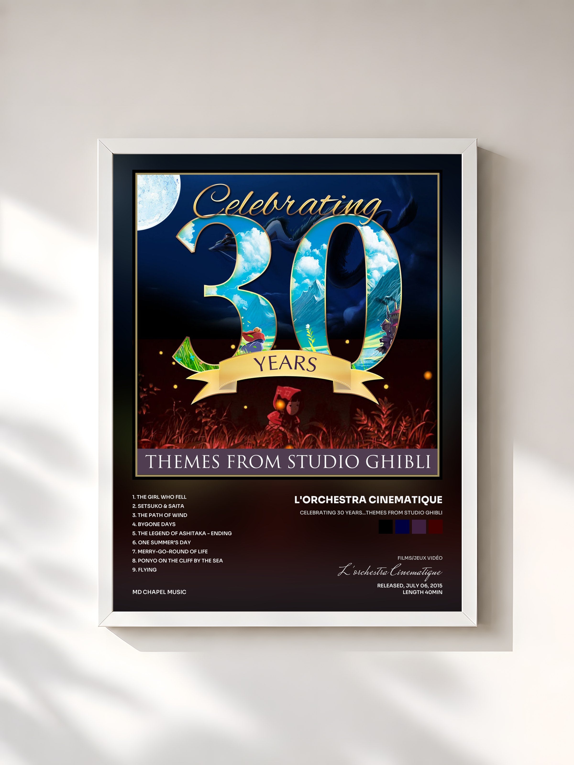 #blanc Tableau de l'album Celebrating 30 Years...Themes from Studio Ghibli de L'orchestra Cinematique, cadre blanc, imprimé et encadré en France