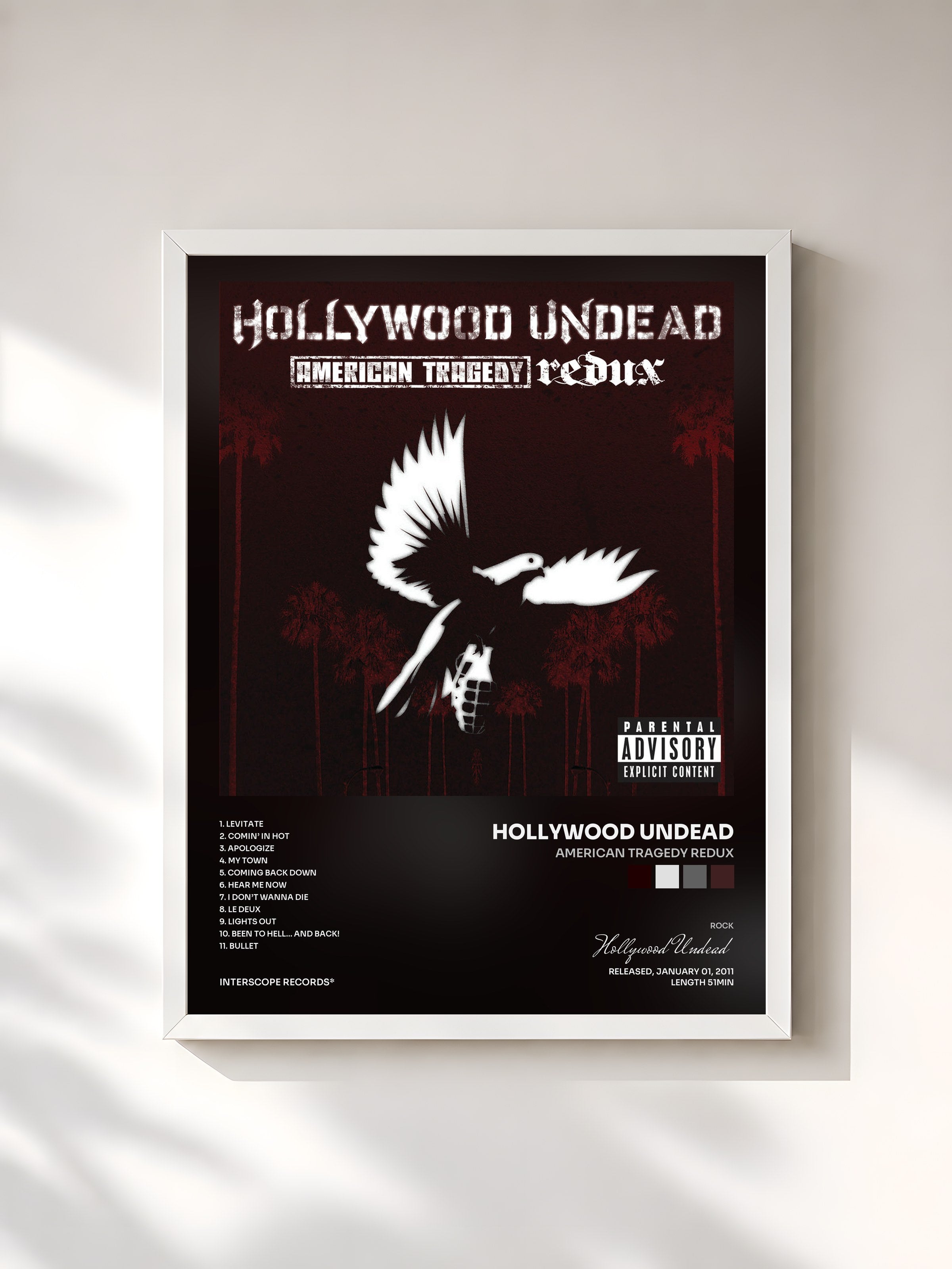 #blanc Tableau de l'album American Tragedy Redux de Hollywood Undead, cadre blanc, imprimé et encadré en France