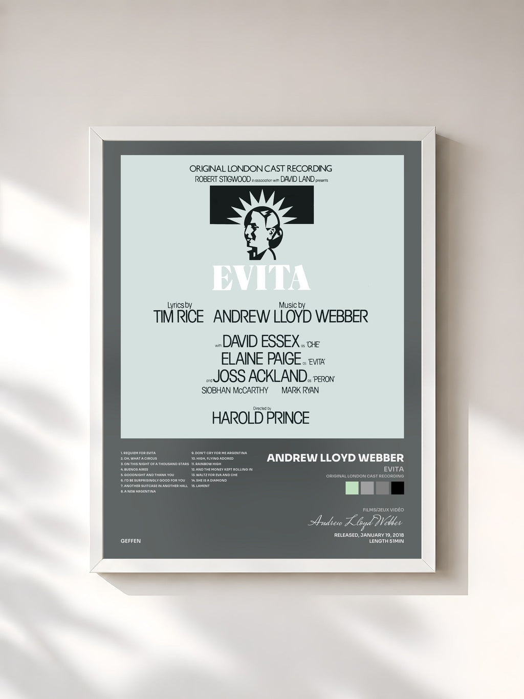 #blanc Evita (Original London Cast Recording) by Andrew Lloyd Webber as a framed art print, white frame, printed and framed in France