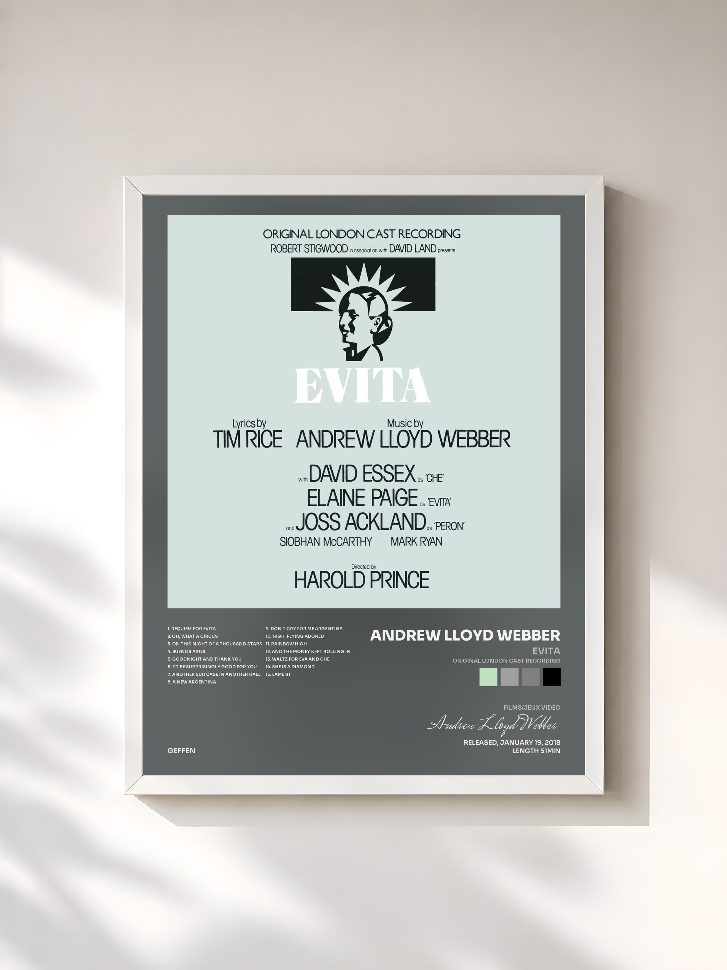 #blanc Tableau de l'album Evita (Original London Cast Recording) de Andrew Lloyd Webber, cadre blanc, imprimé et encadré en France
