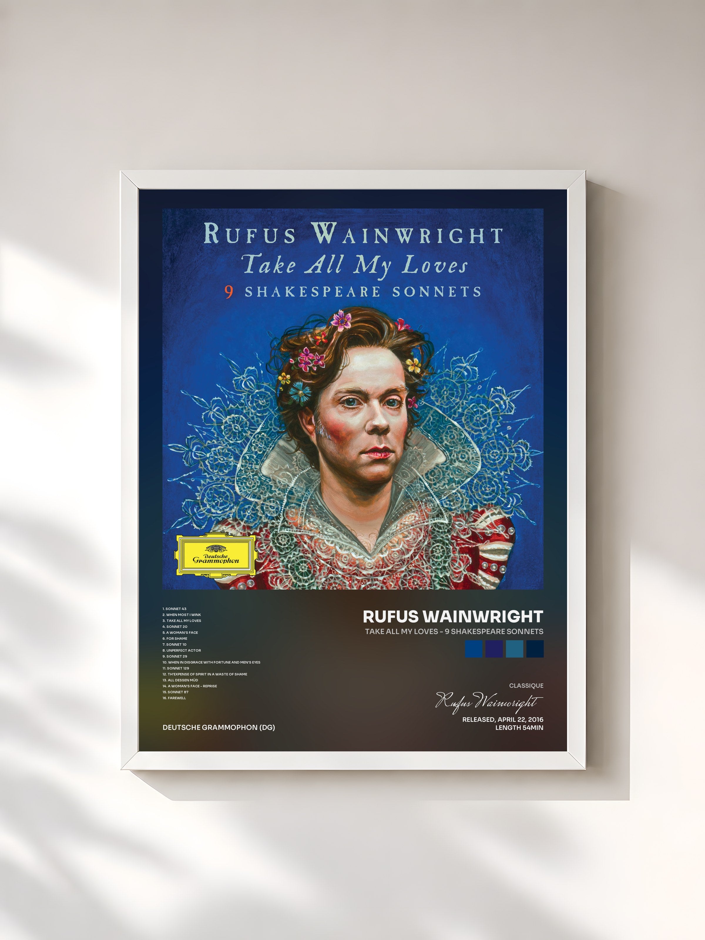 #blanc Tableau de l'album Take All My Loves - 9 Shakespeare Sonnets de Rufus Wainwright, cadre blanc, imprimé et encadré en France