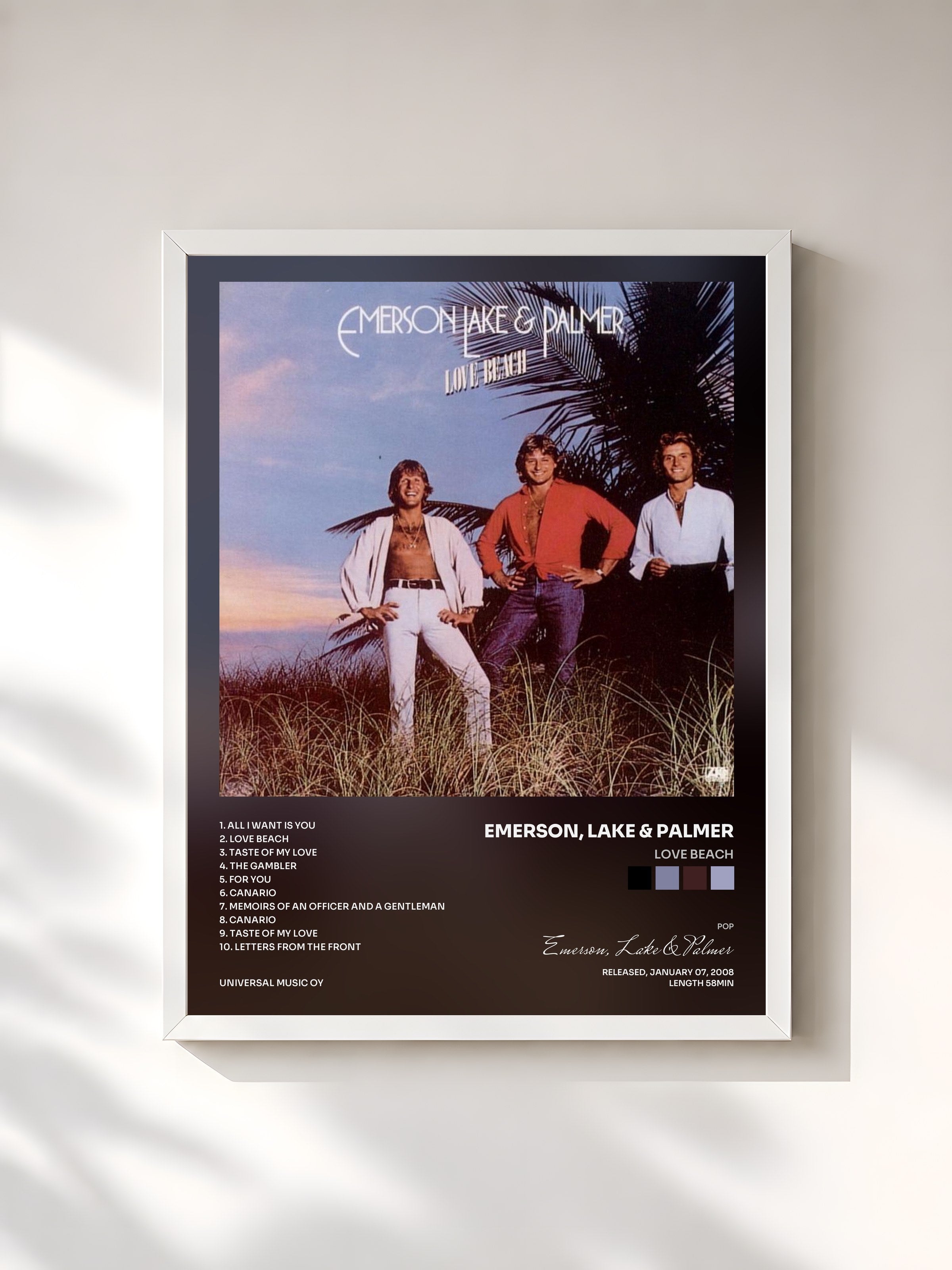#blanc Tableau de l'album Love Beach de Emerson, Lake & Palmer, cadre blanc, imprimé et encadré en France