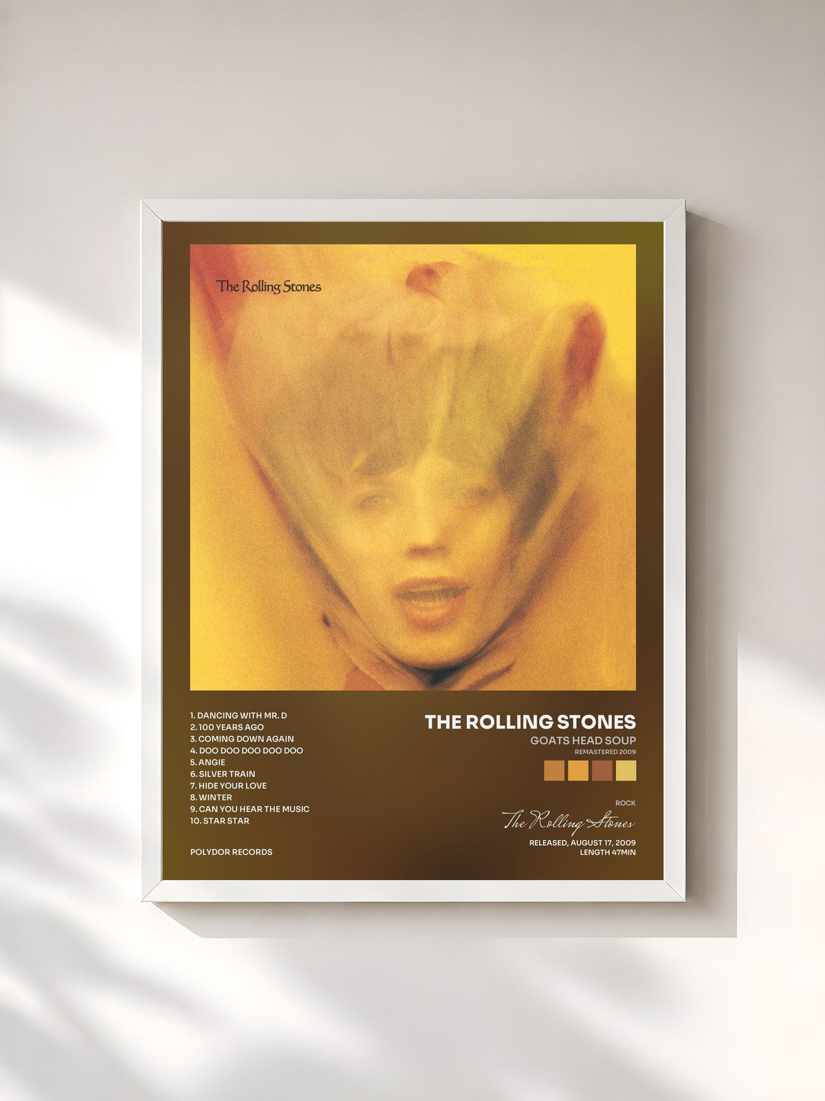 #blanc Tableau de l'album Goats Head Soup (Remastered 2009) de The Rolling Stones, cadre blanc, imprimé et encadré en France