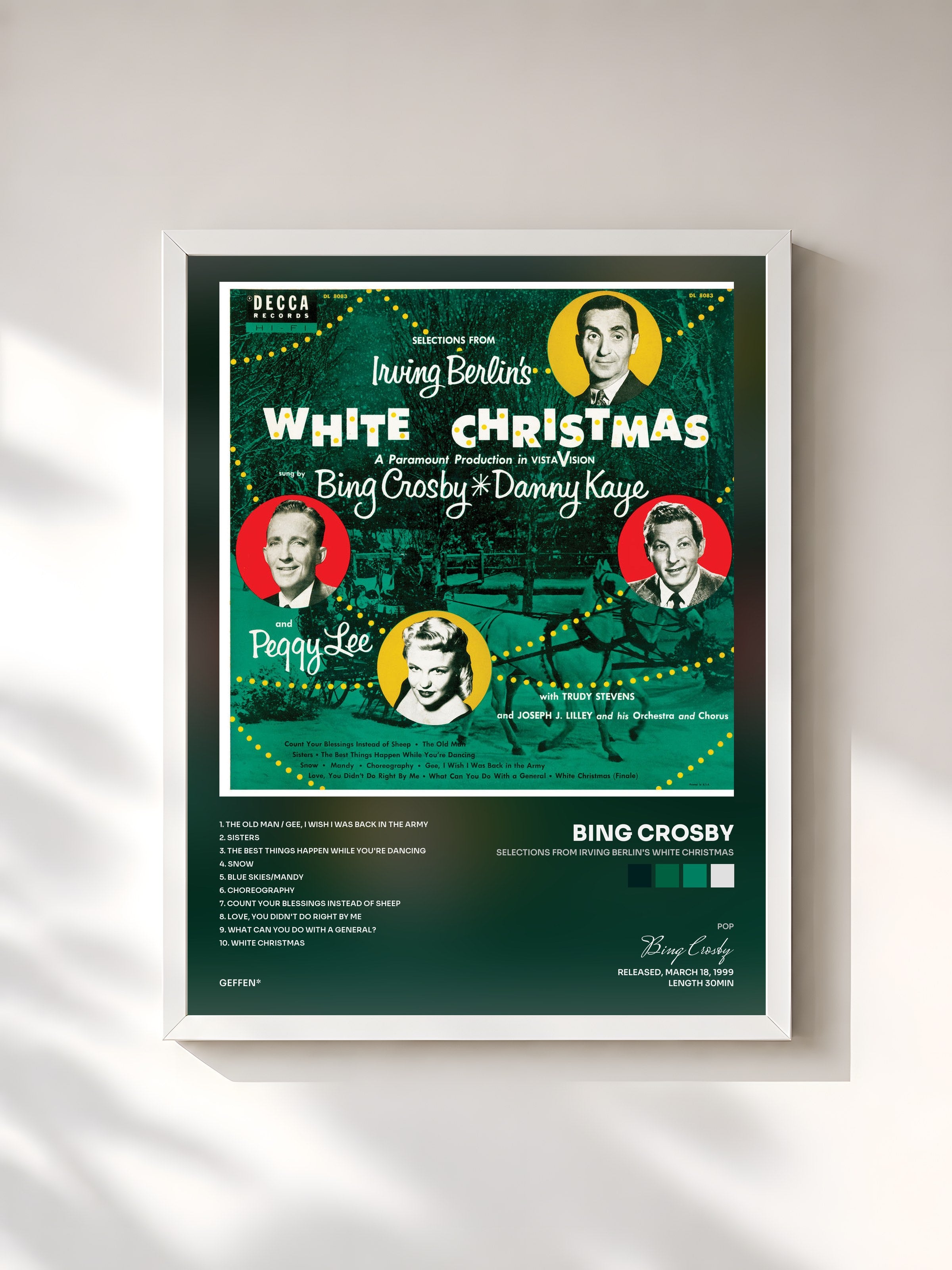 #blanc Tableau de l'album Selections From Irving Berlin's White Christmas de Bing Crosby, cadre blanc, imprimé et encadré en France