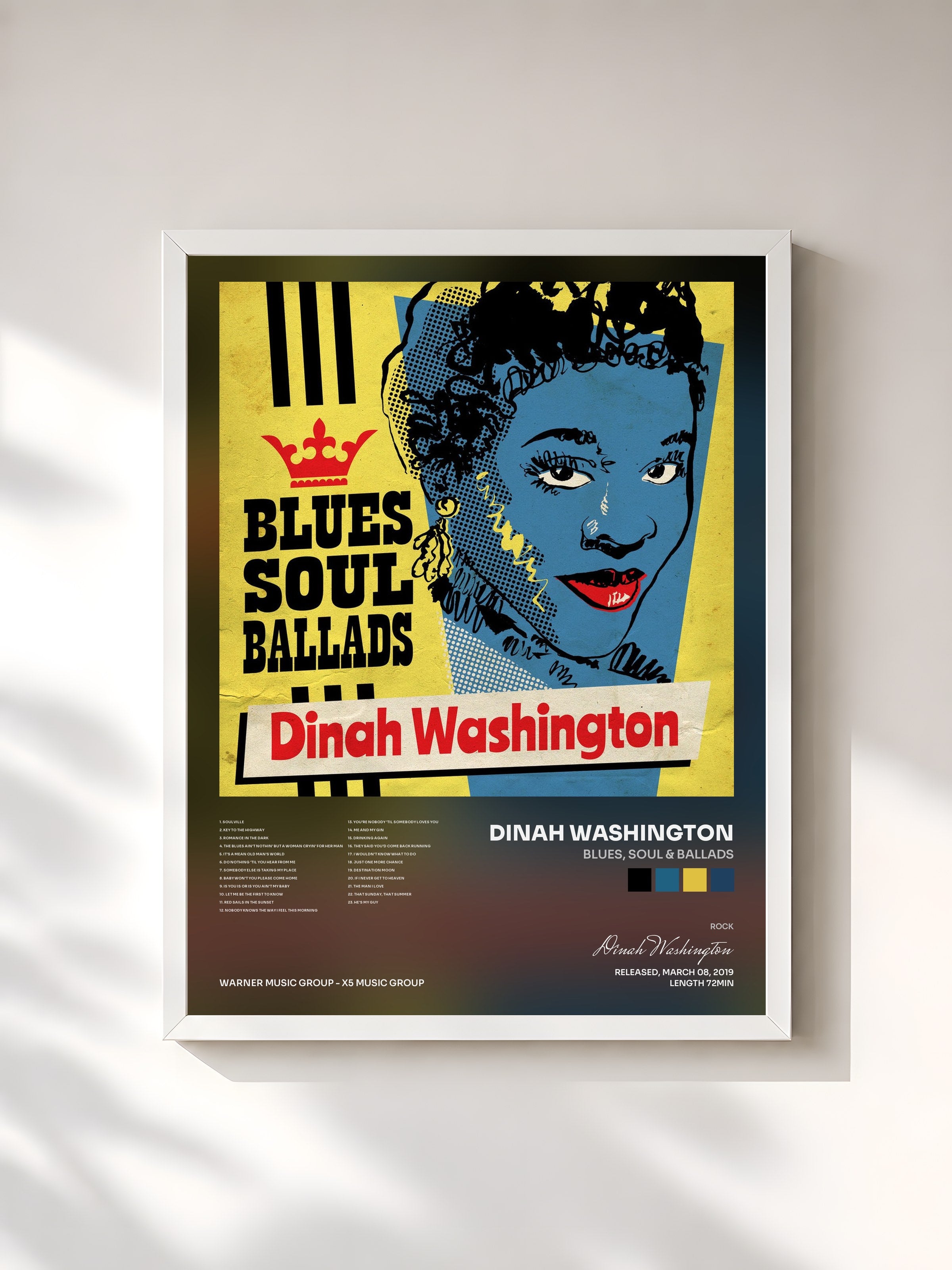 #blanc Tableau de l'album Blues, Soul & Ballads de Dinah Washington, cadre blanc, imprimé et encadré en France