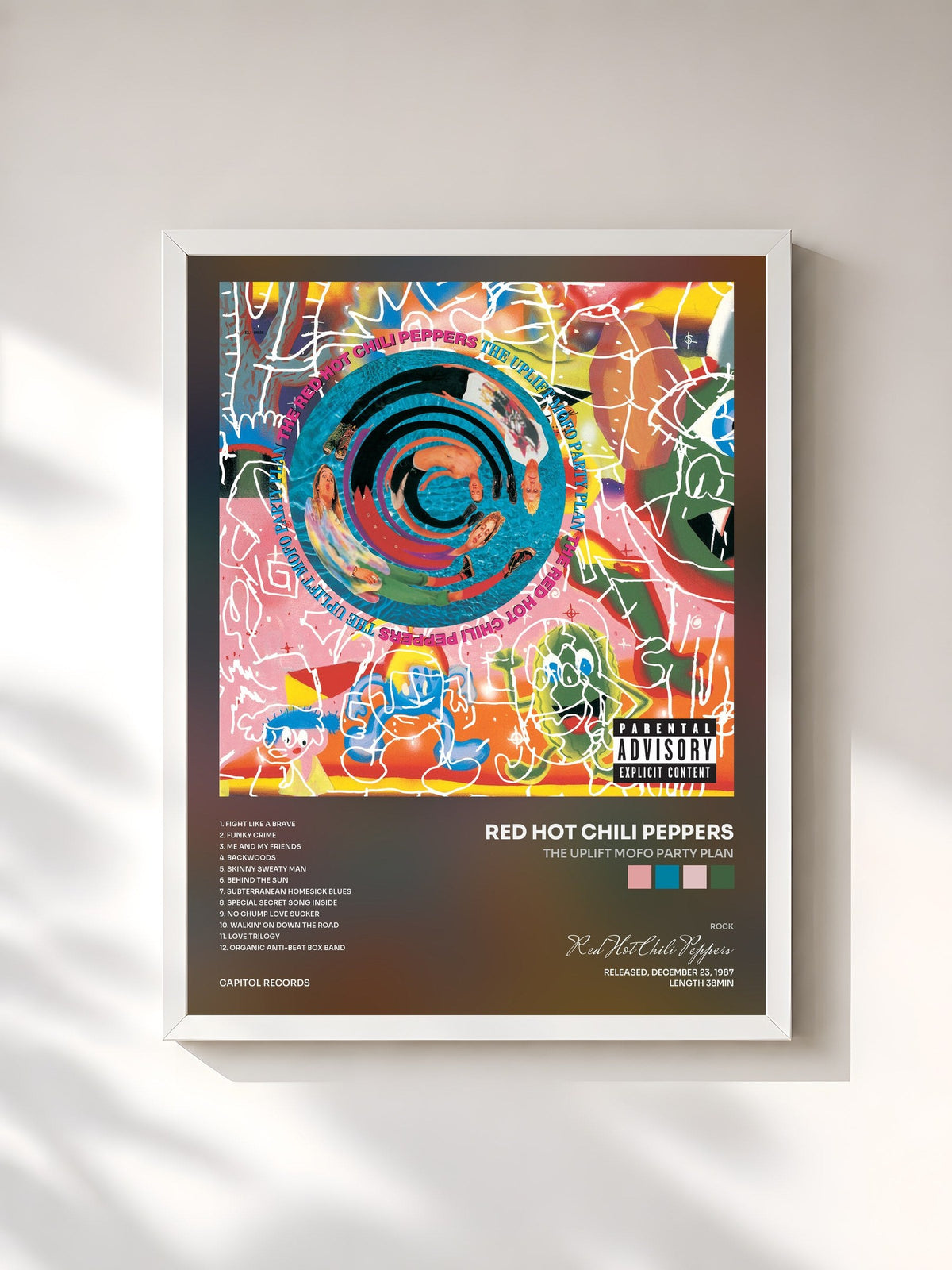 #blanc Tableau de l'album The Uplift Mofo Party Plan de Red Hot Chili Peppers, cadre blanc, imprimé et encadré en France