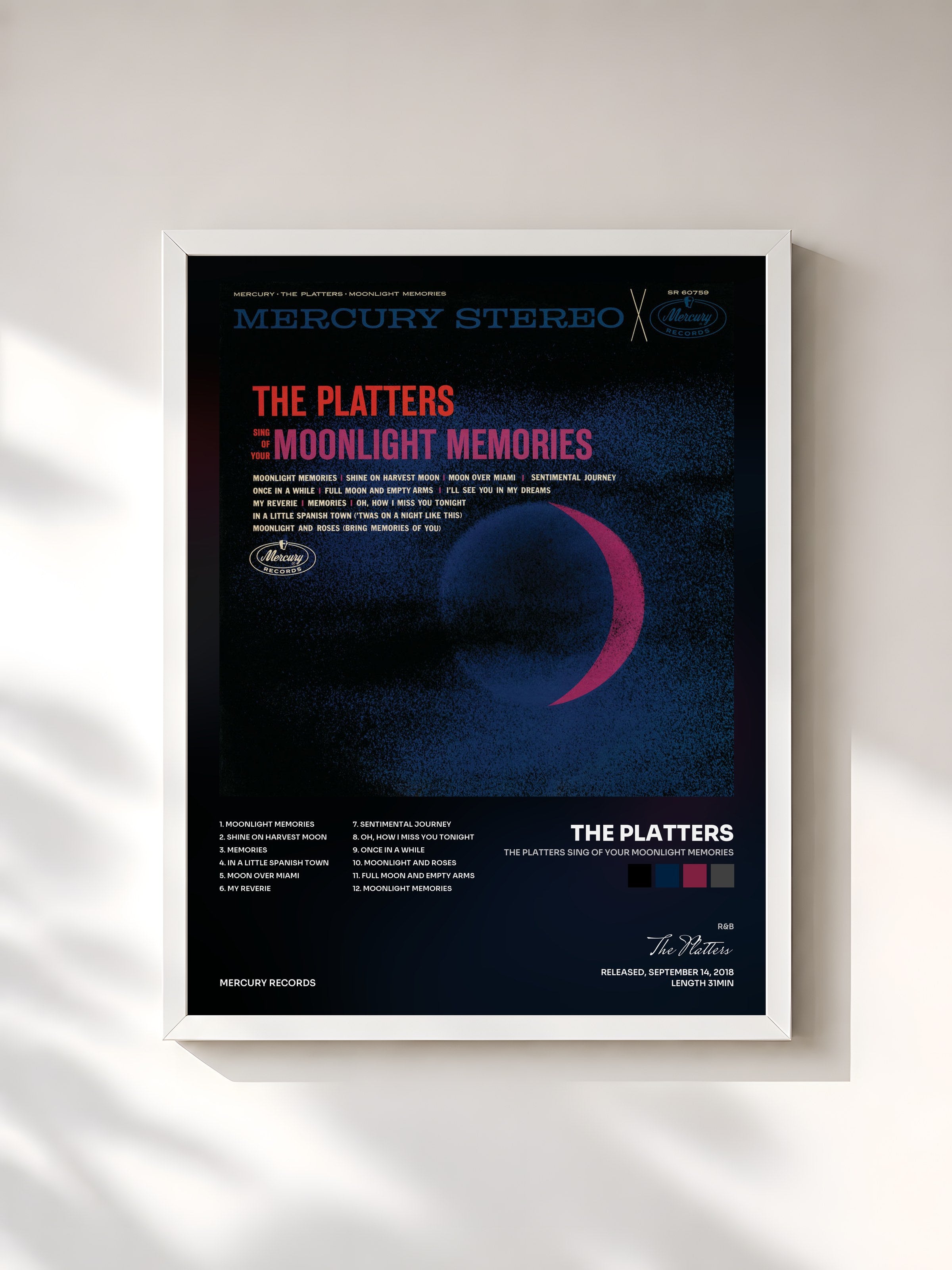 #blanc Tableau de l'album The Platters Sing Of Your Moonlight Memories de The Platters, cadre blanc, imprimé et encadré en France