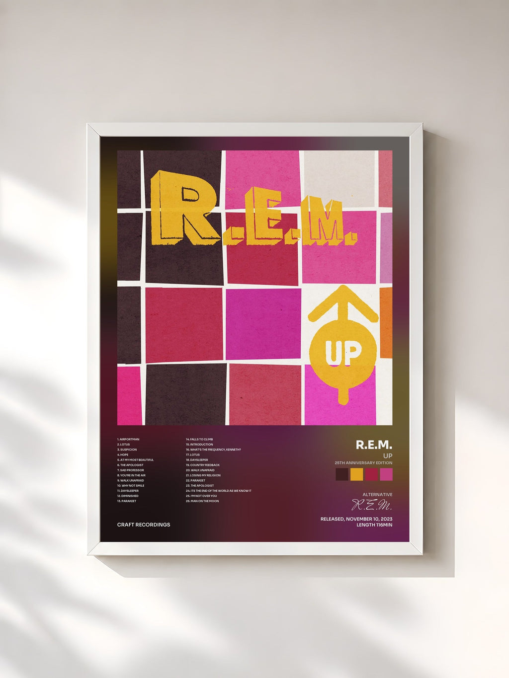 #blanc Tableau de l'album Up (25th Anniversary Edition) de R.E.M., cadre blanc, imprimé et encadré en France