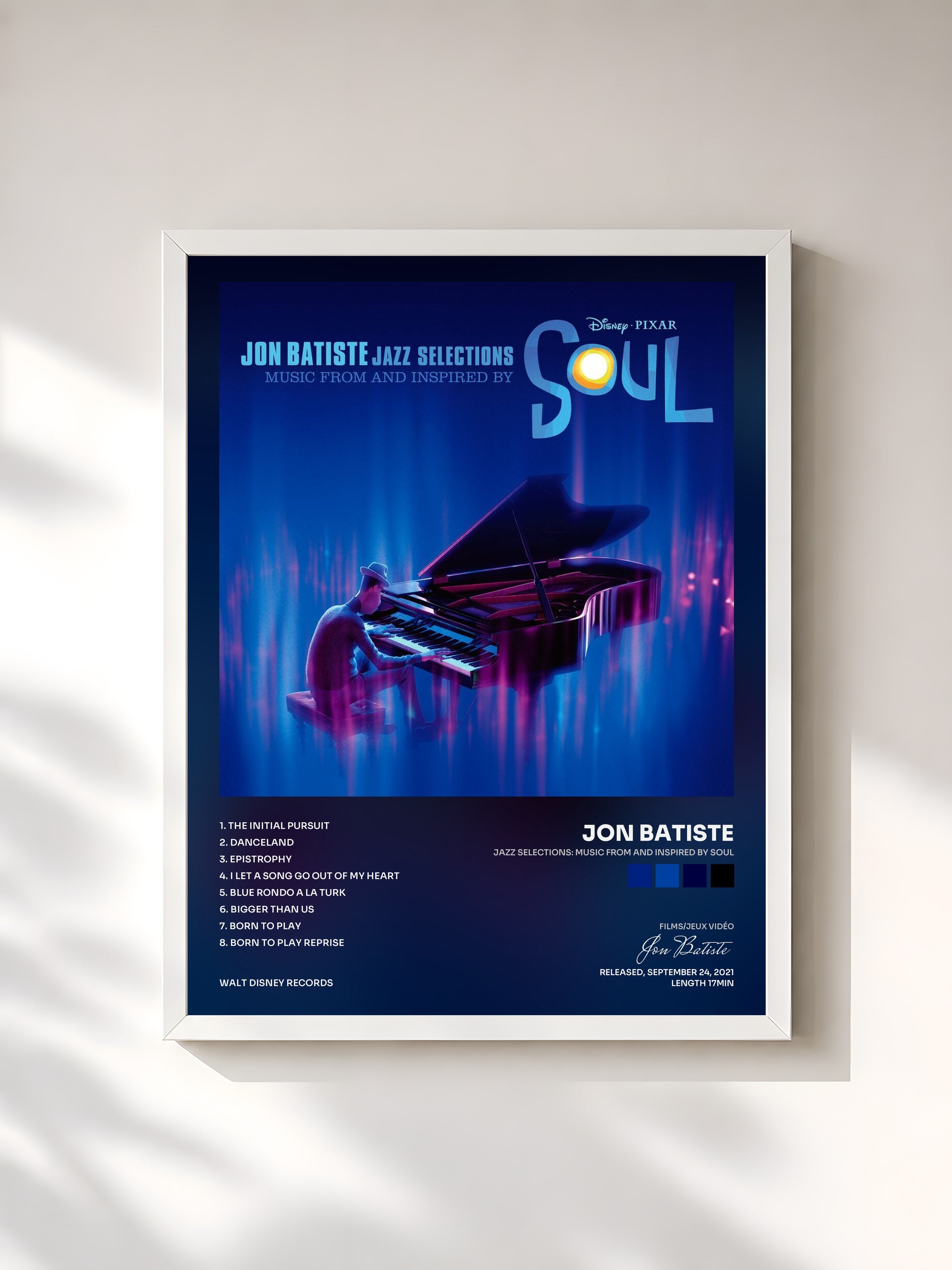#blanc Tableau de l'album Jazz Selections: Music From and Inspired by Soul de Jon Batiste, cadre blanc, imprimé et encadré en France