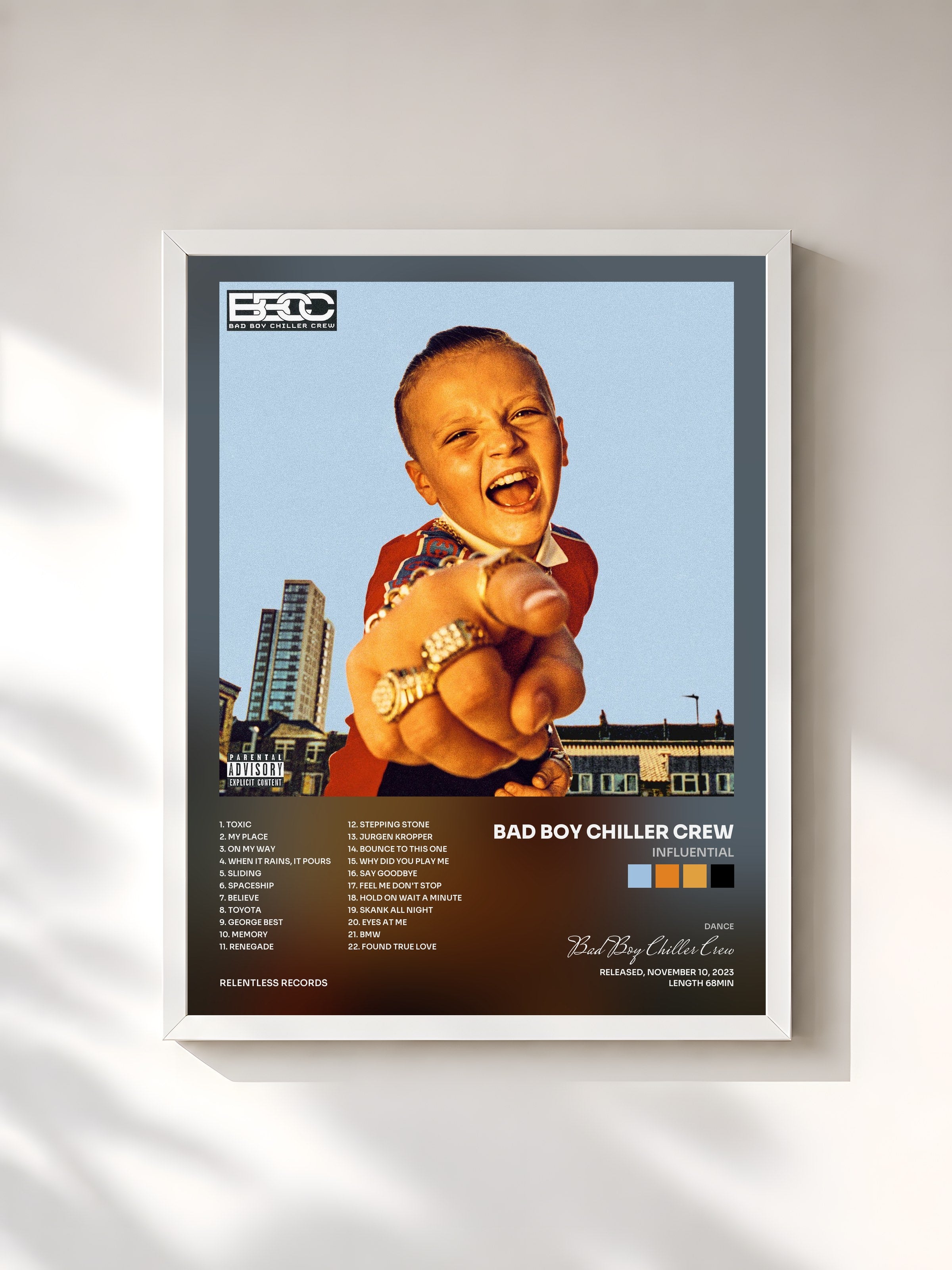 #blanc Tableau de l'album Influential de Bad Boy Chiller Crew, cadre blanc, imprimé et encadré en France