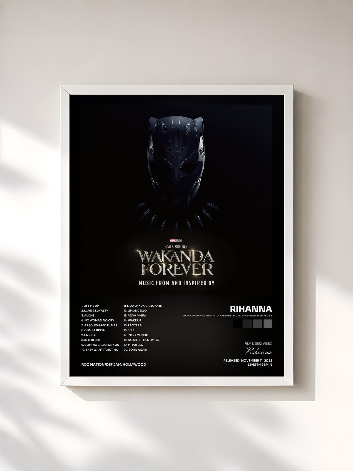 #blanc Tableau de l'album Black Panther: Wakanda Forever - Music From and Inspired By de Rihanna, cadre blanc, imprimé et encadré en France
