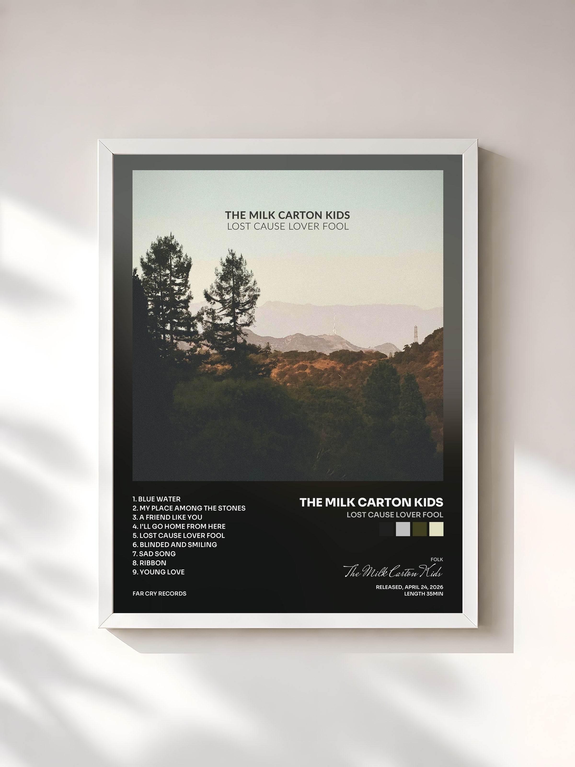 #blanc Tableau de l'album Lost Cause Lover Fool de The Milk Carton Kids, cadre blanc, imprimé et encadré en France
