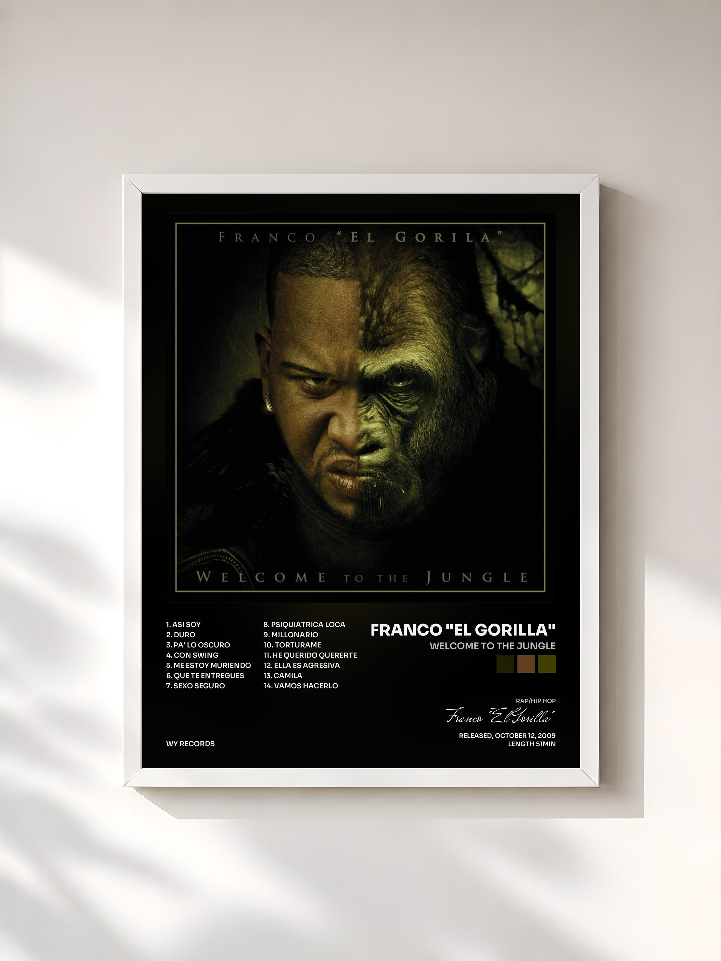 #blanc Tableau de l'album Welcome To The Jungle de Franco "El Gorilla", cadre blanc, imprimé et encadré en France