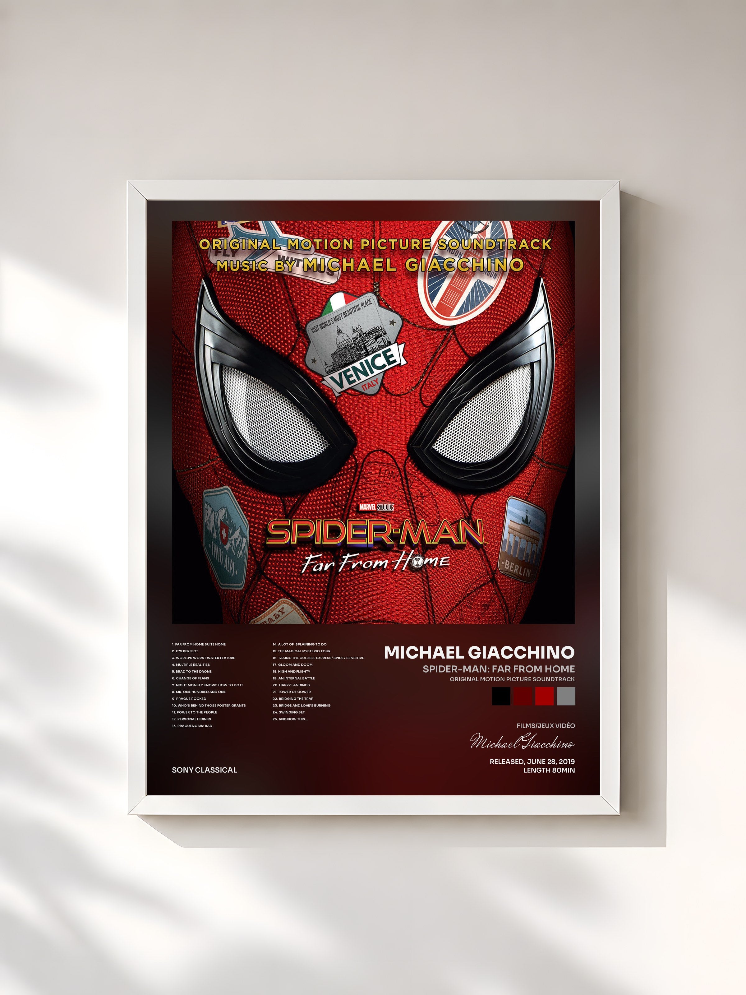 #blanc Tableau de l'album Spider-Man: Far from Home (Original Motion Picture Soundtrack) de Michael Giacchino, cadre blanc, imprimé et encadré en France