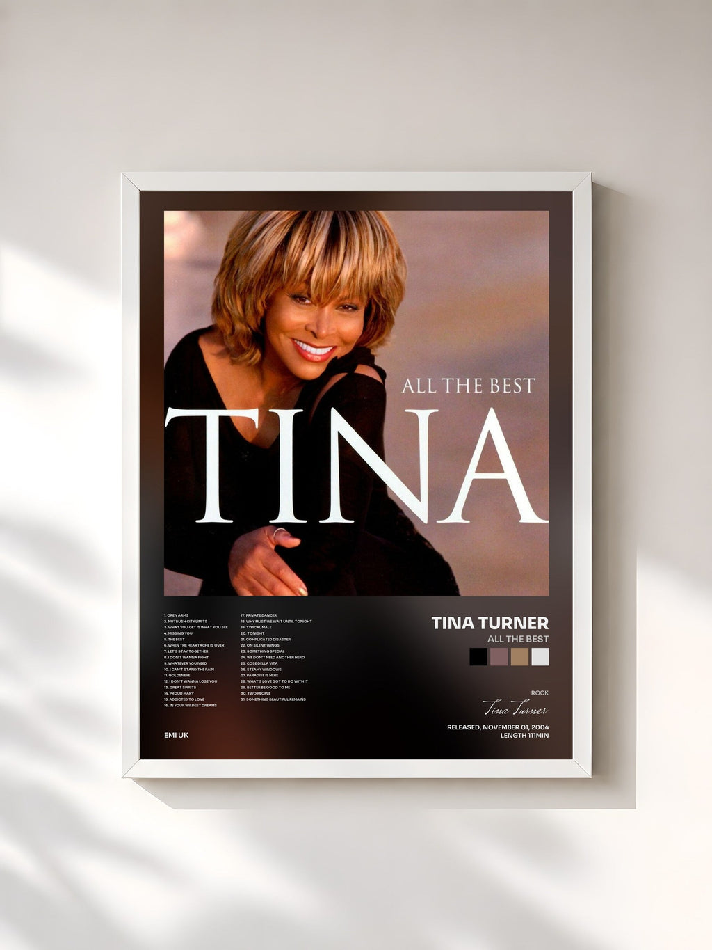 #blanc Tableau de l'album All The Best de Tina Turner, cadre blanc, imprimé et encadré en France