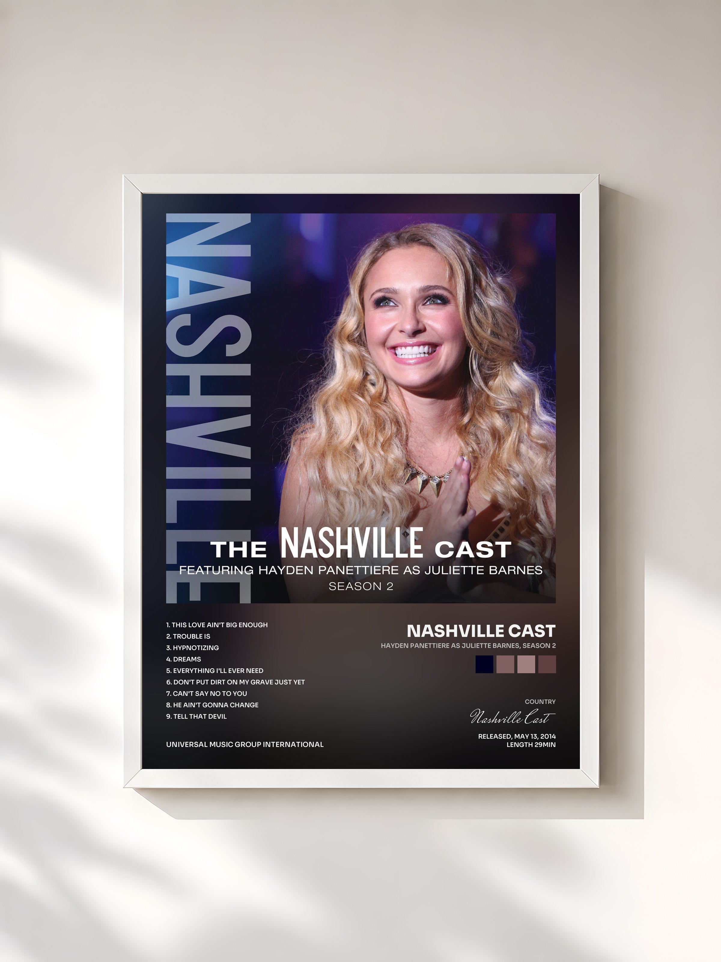 #blanc Tableau de l'album Hayden Panettiere As Juliette Barnes, Season 2 de Nashville Cast, cadre blanc, imprimé et encadré en France