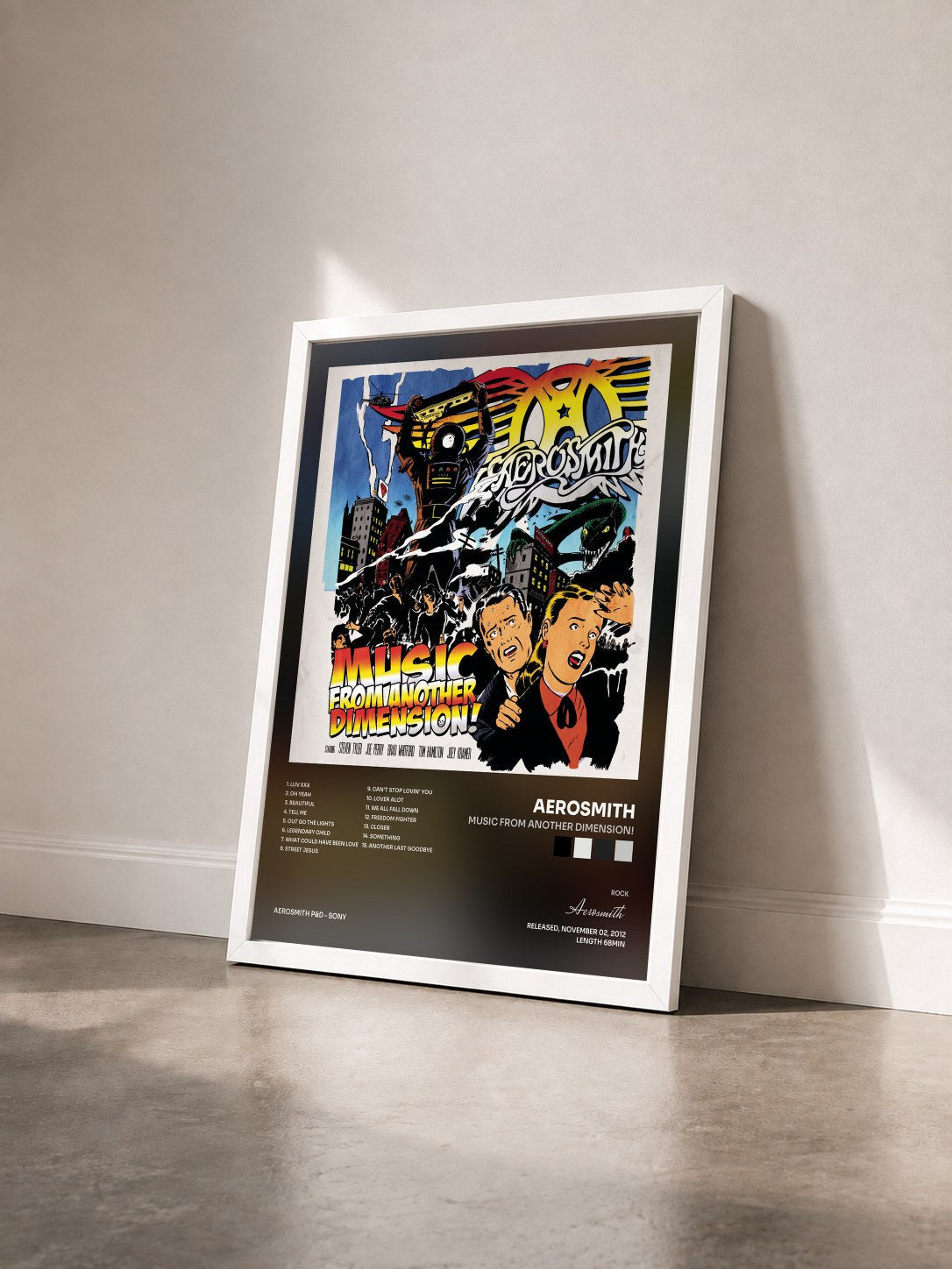 #blanc Tableau de l'album Music From Another Dimension! de Aerosmith vu de trois quarts, cadre blanc