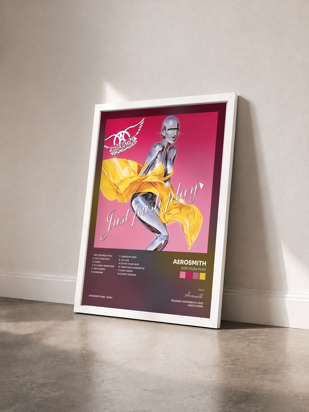 #blanc Tableau de l'album Just Push Play de Aerosmith vu de trois quarts, cadre blanc