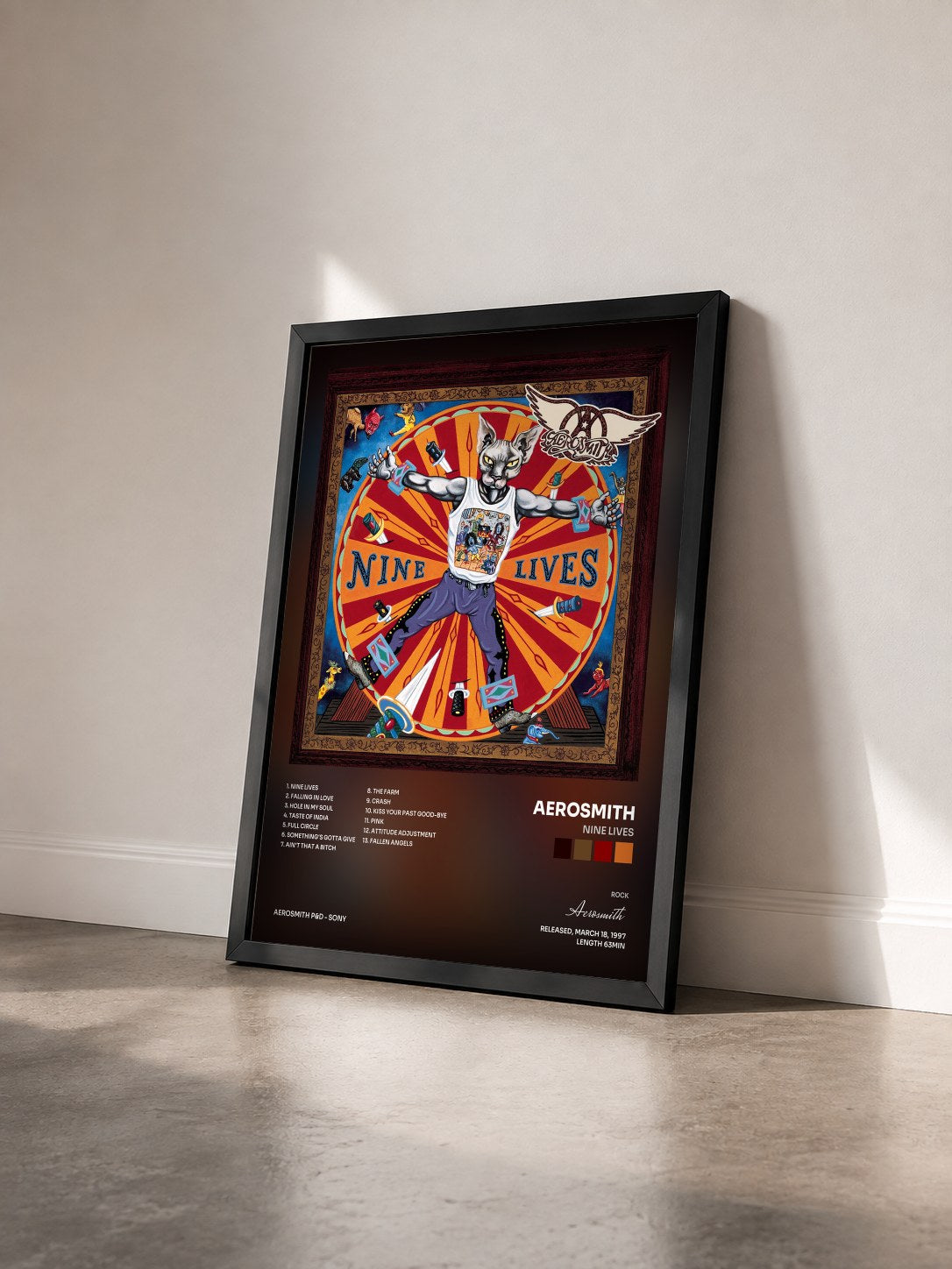 #noir Tableau de l'album Nine Lives de Aerosmith vu de trois quarts, cadre noir
