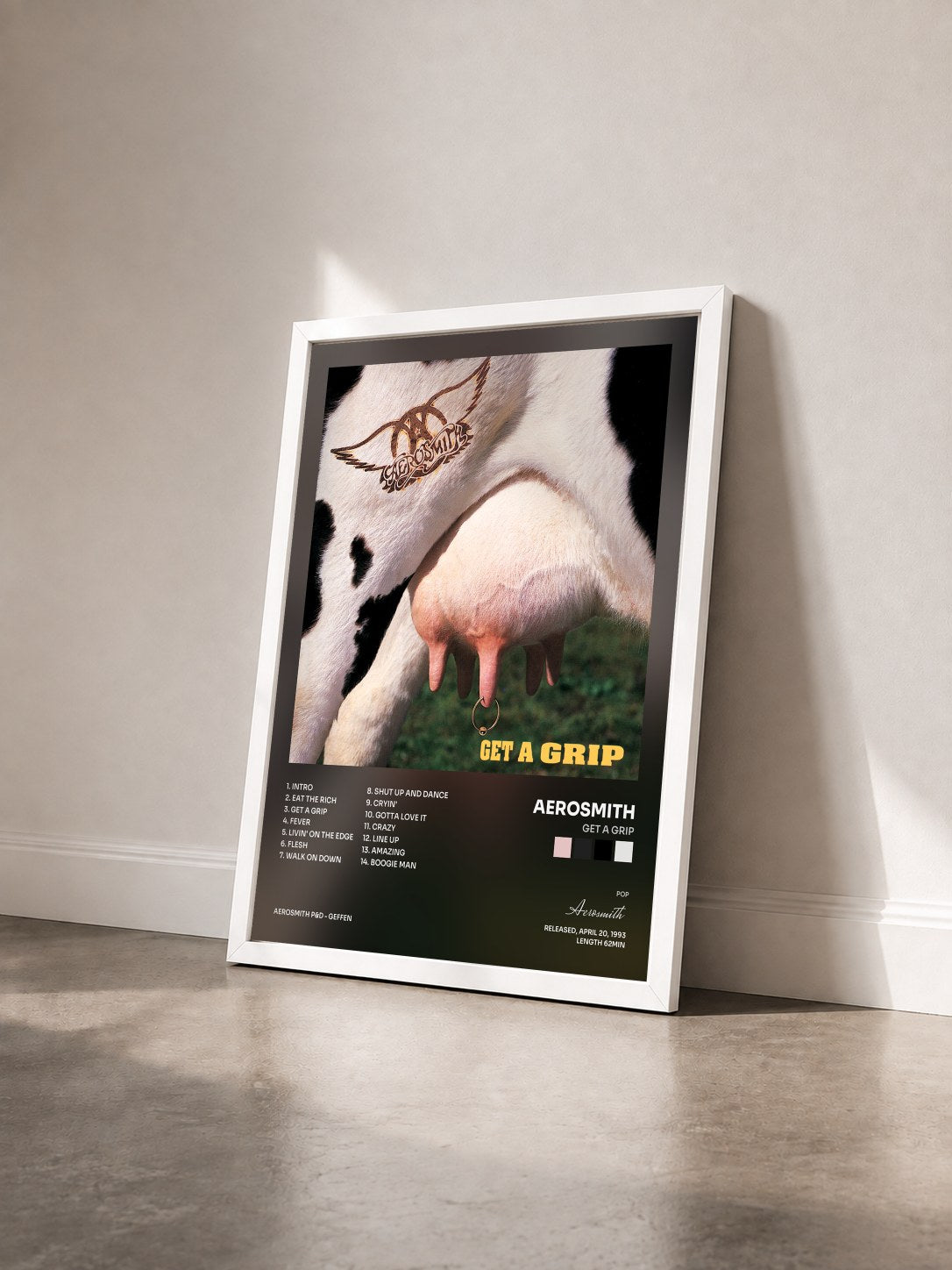 #blanc Tableau de l'album Get A Grip de Aerosmith vu de trois quarts, cadre blanc
