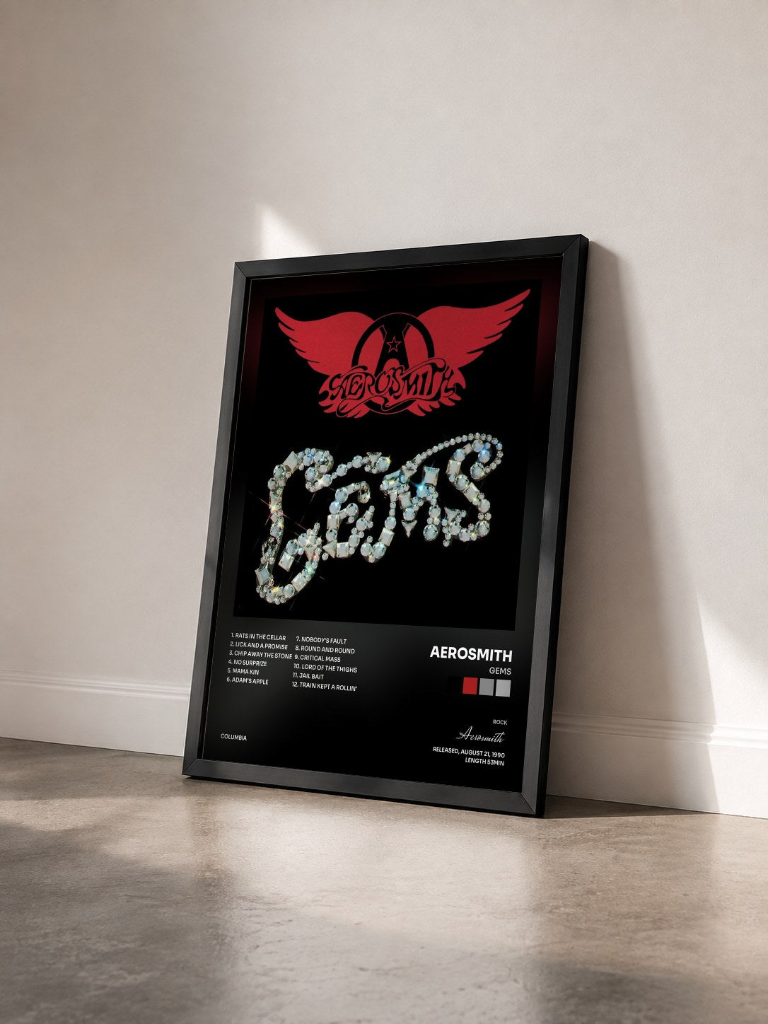 #noir Tableau de l'album Gems de Aerosmith vu de trois quarts, cadre noir