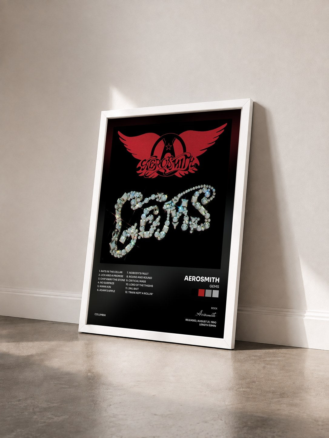#blanc Tableau de l'album Gems de Aerosmith vu de trois quarts, cadre blanc