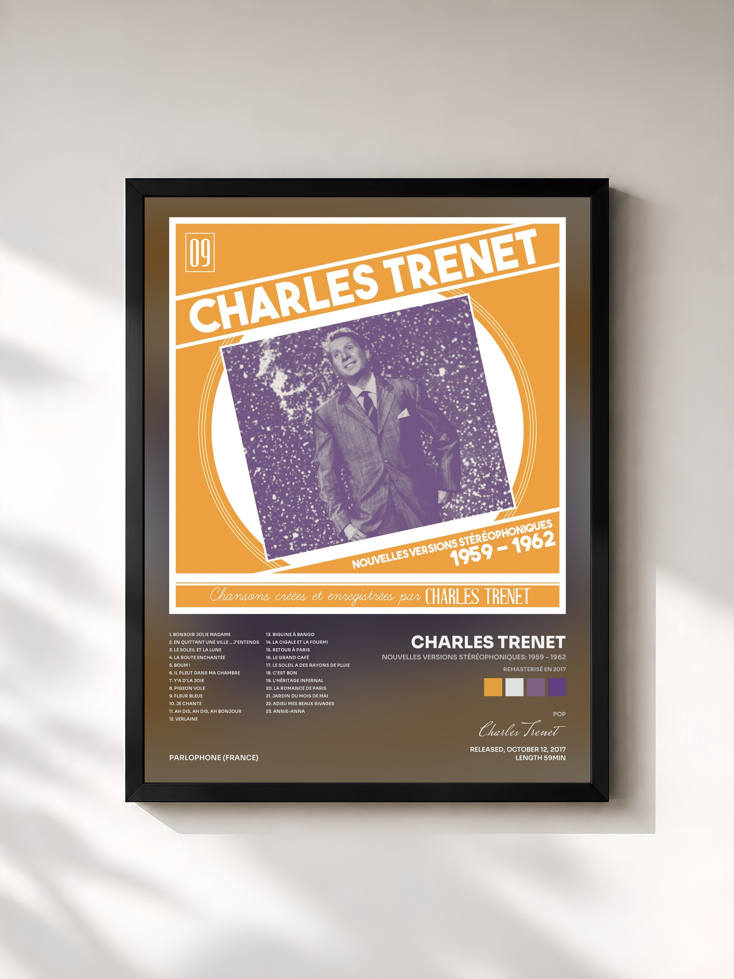#noir Tableau de l'album Nouvelles versions stéréophoniques: 1959 - 1962 (Remasterisé en 2017) de Charles Trenet, cadre noir, imprimé et encadré en France