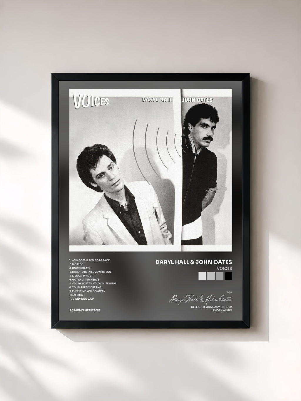 #noir Tableau de l'album Voices de Daryl Hall & John Oates, cadre noir, imprimé et encadré en France